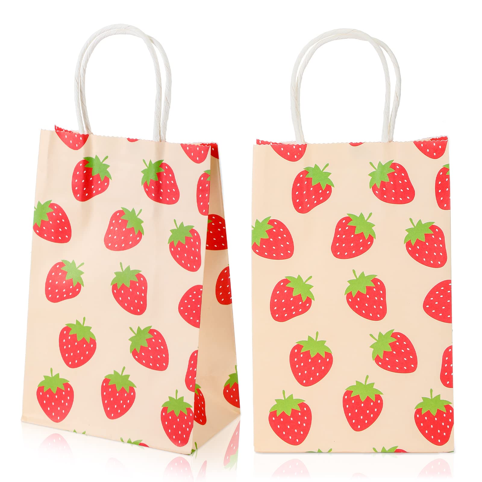 20 Pcs Strawberry Party Favor Bags with Handles - Cute Printed Strawberry Treat Bags for Candy, Gifts & Party Supplies - Perfect for Strawberry Themed Birthday, Baby Shower & Dessert Table Decorations