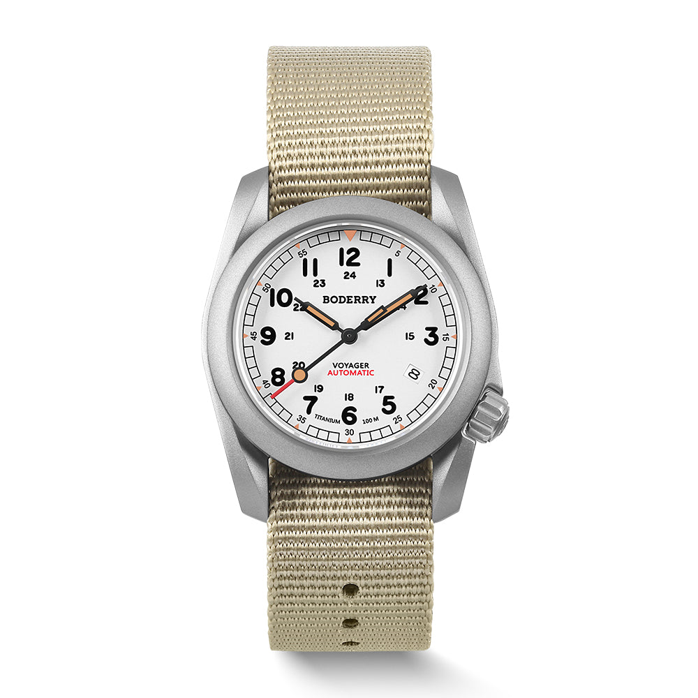 VOYAGER 100M Waterproof Titanium Automatic Field Watch for Men - White Dial Military Outdoor Sports Watch | Hiking, Camping, Diving, Swimming, Adventure Activities