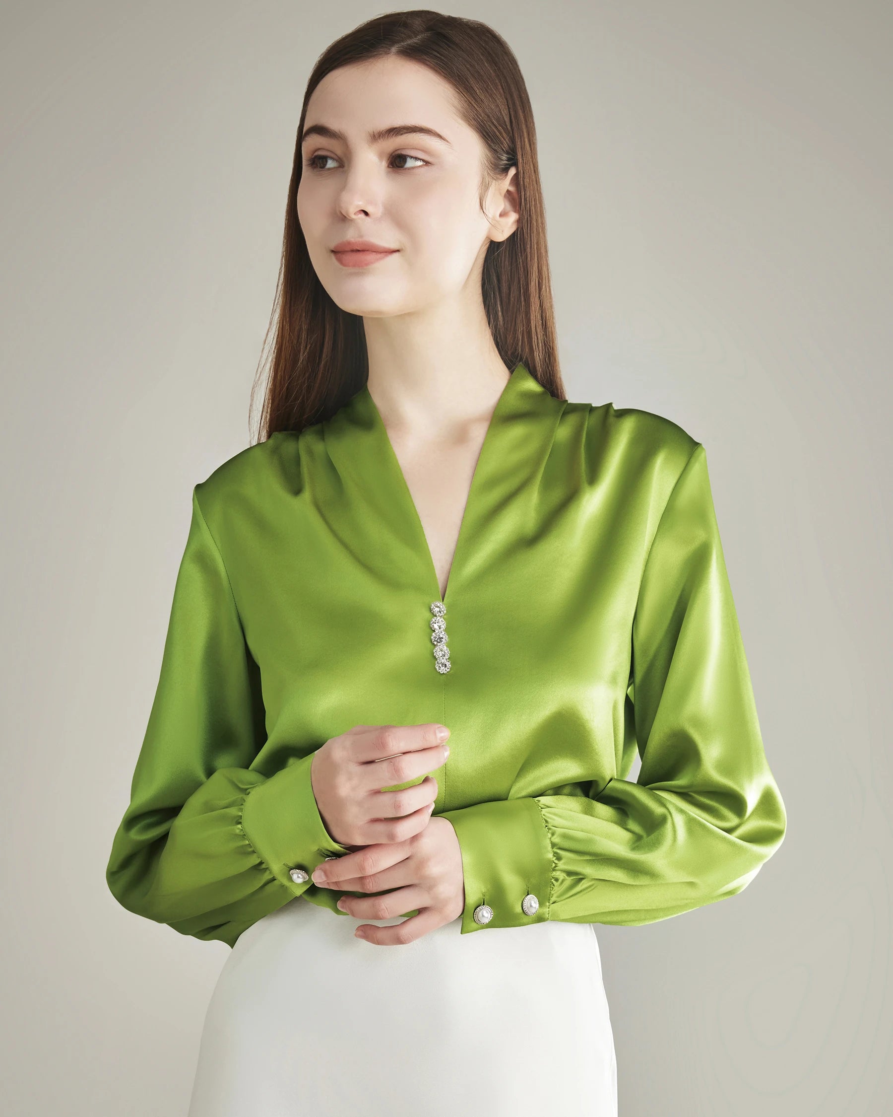 Elegant Women's Rhinestone Buttons Silk Blouse - Formal & Party Wear for Office, Dinner & Special Occasions