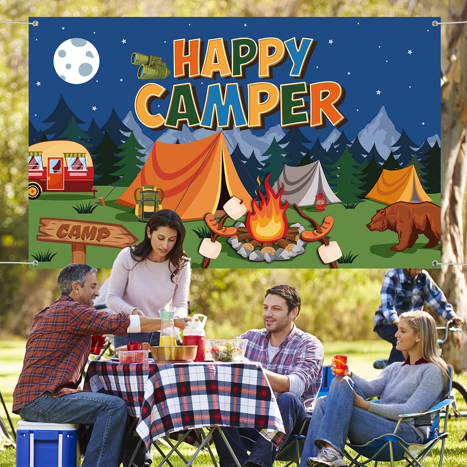 Happy Camper Banner - 70.8x43.3 Inch Camping Party Decor for Kids & Baby Showers