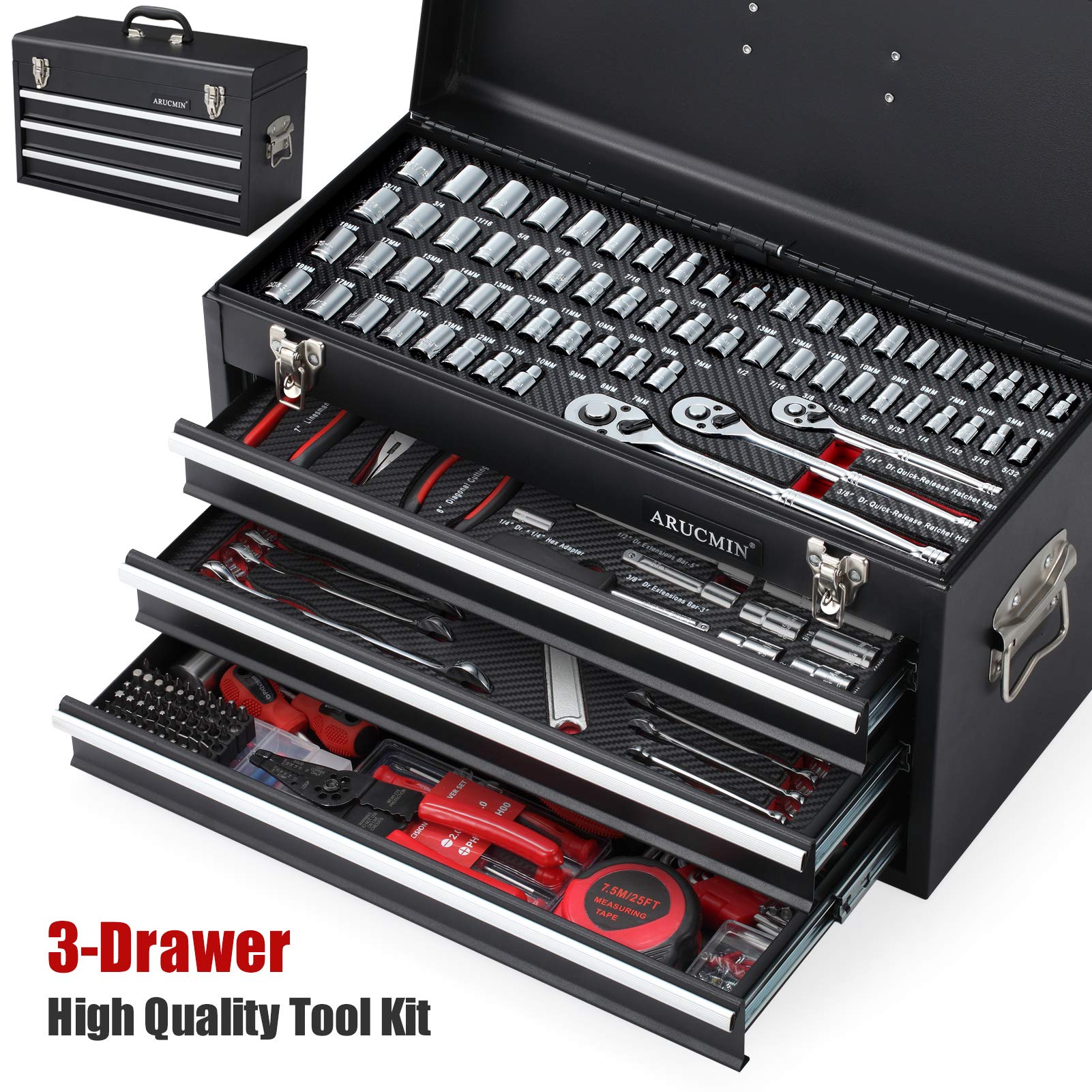 438-Piece Professional Mechanics Tool Set with 3-Drawer Heavy Duty Metal Toolbox - Complete Automotive Repair Kit for DIY, Home & Garage Use