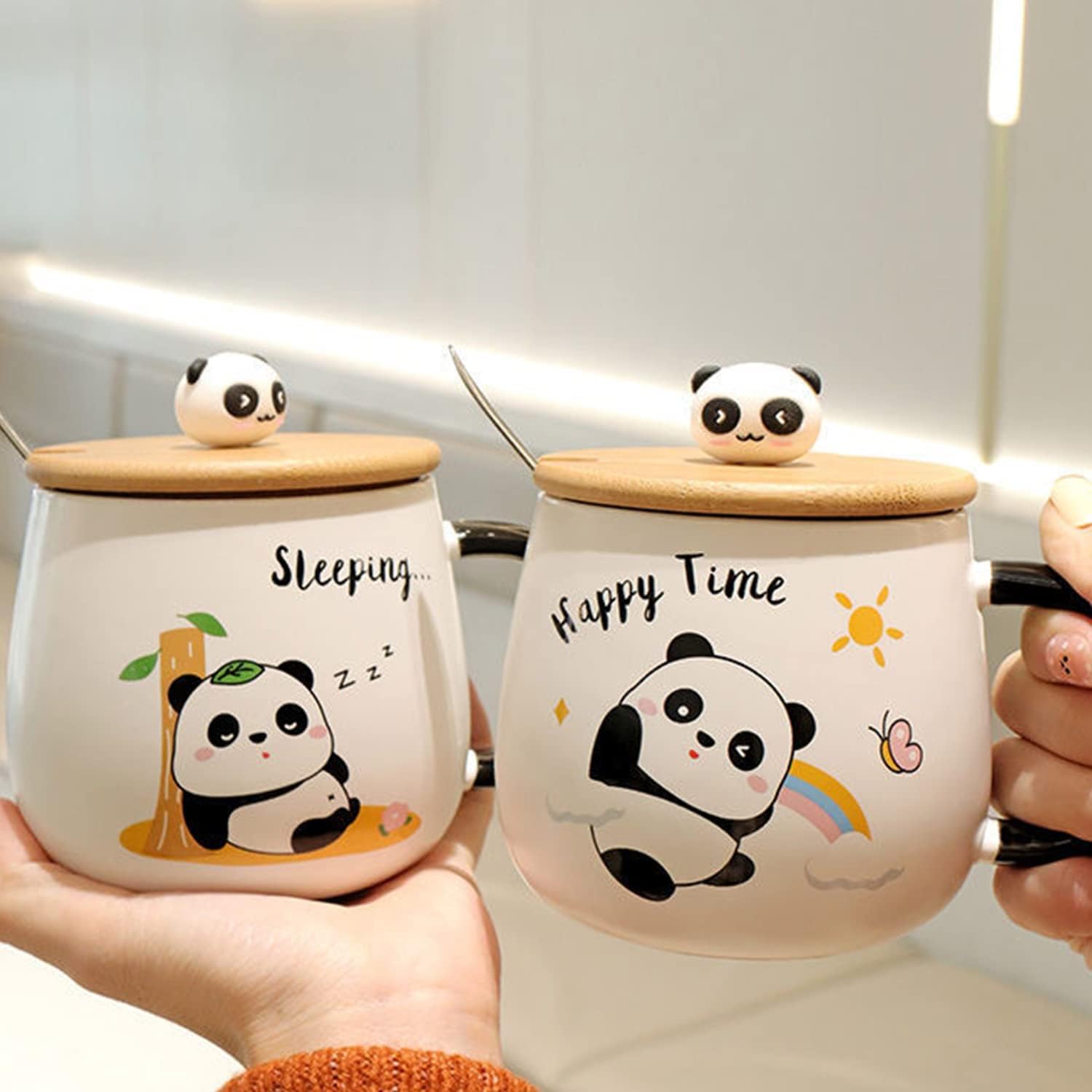 BonZeal 400ml Ceramic Panda Mug with Lid & Spoon - Cute Tea Coffee Cup for Kids, Birthday Christmas New Year Gifts for Boys Girls, Secret Santa Present - Perfect for Hot Drinks, Milk, School & Home Use