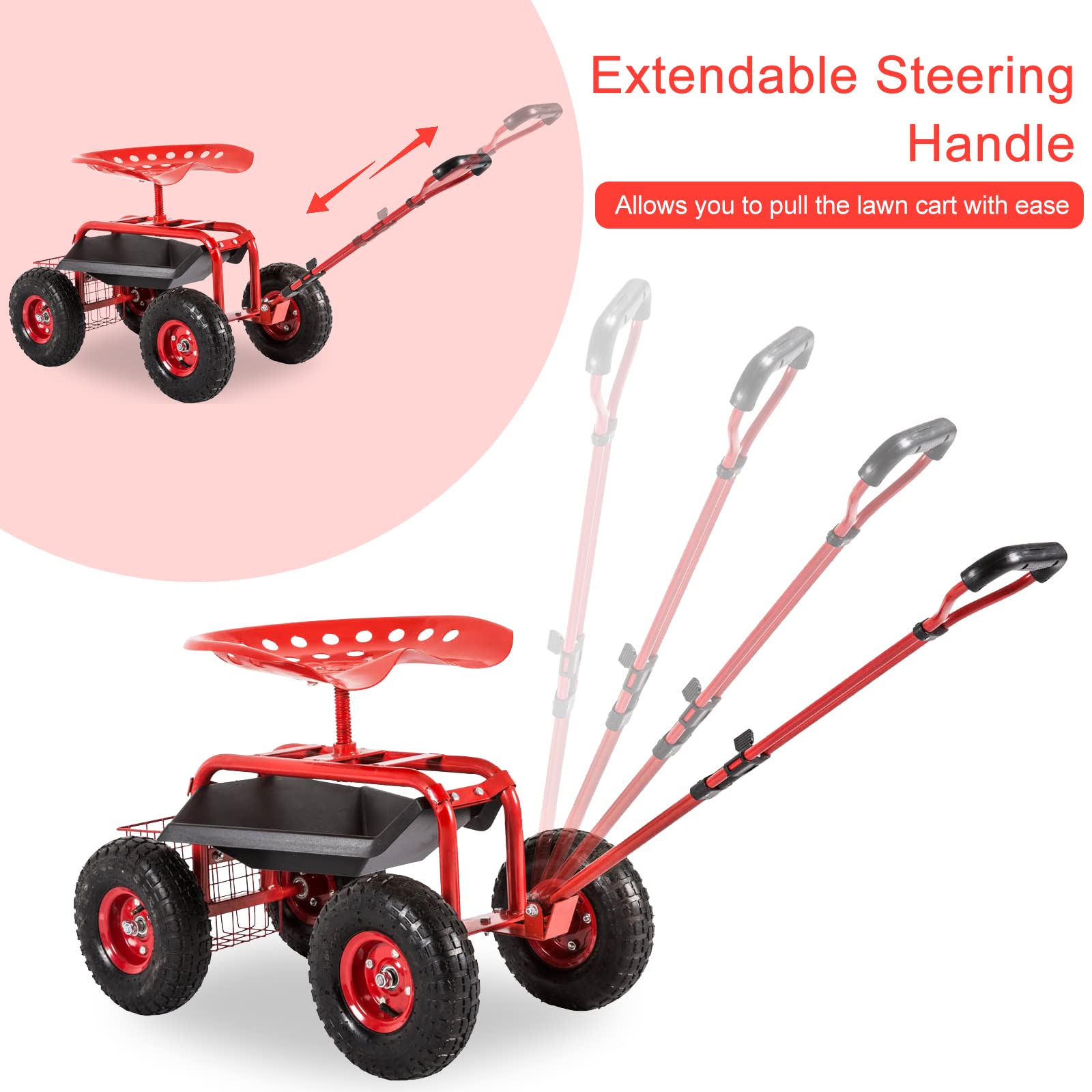 Kinfant Rolling Garden Cart Scooter Stool - Heavy Duty Wheeled Gardening Cart with Adjustable Handle & 360° Swivel Seat | Perfect for Outdoor Gardening, Landscaping & Yard Work (Red)