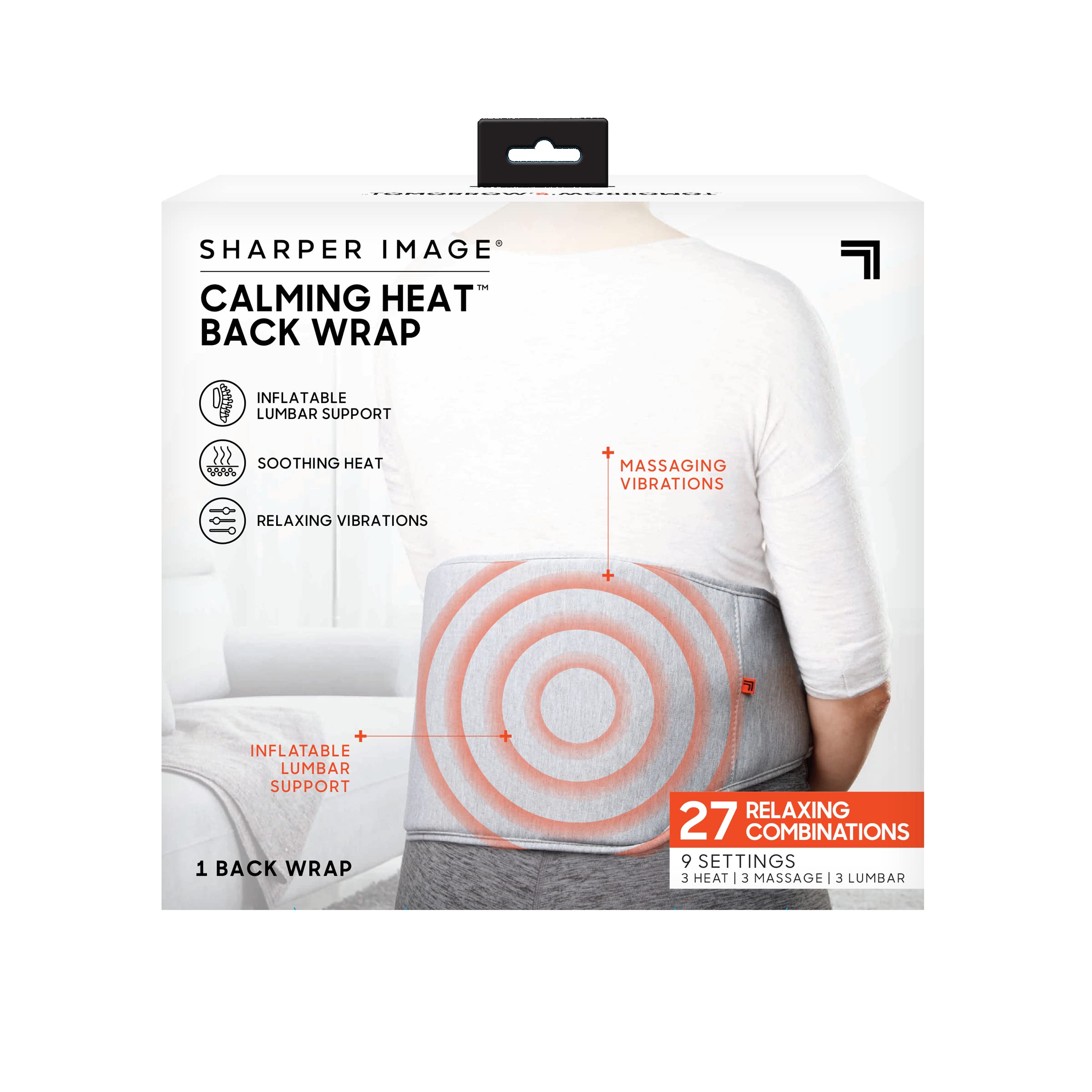 Sharper Image Electric Heating Pad for Back Pain Relief - Adjustable Lumbar Support with 9 Settings (3 Heat, 3 Vibration, 3 Massage) - Portable Heat Therapy Wrap for Office, Home & Travel Use