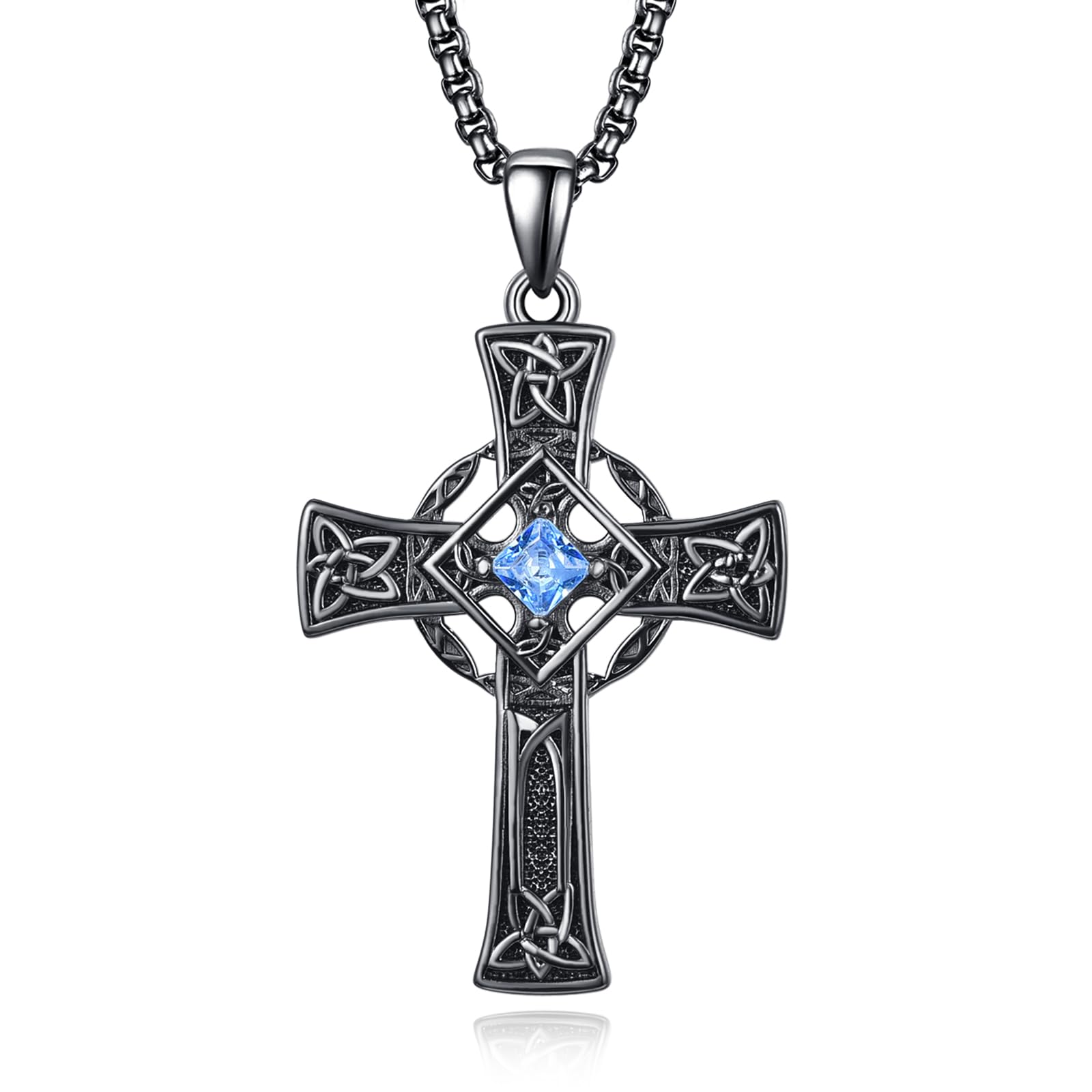 Black Celtic Cross Necklace Sterling Silver with December Birthstone - Celtic Knot Pendant Jewelry for Men - Perfect Gift for Christmas, Birthdays & Special Occasions