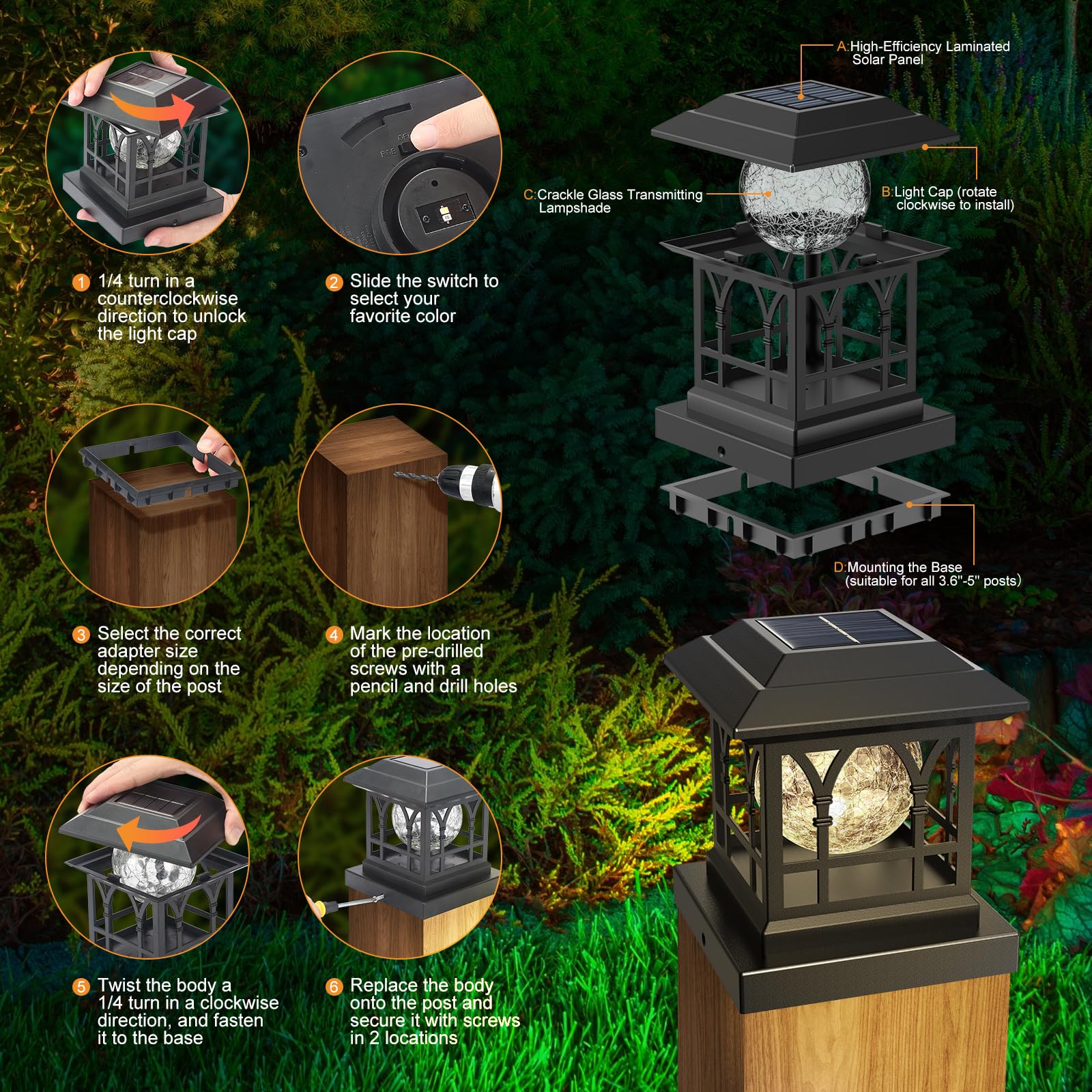 Solar Post Cap Lights - 12 Pack Black Crackle Glass Fence Lights, 20 Lumens Warm White & RGB Auto Color Changing, Waterproof for 3.6x3.6 to 5x5 Wood/Vinyl Posts - Perfect for Patio, Garden, Deck & Pathway Lighting