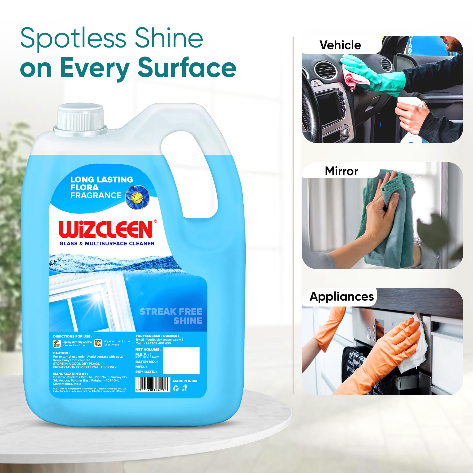 Wiz Cleen Glass & Multi-Surface Cleaner Liquid - 5L Refill Can | Streak-Free Cleaning Solution for Cars, Windows, Kitchen Countertops, Bathrooms & Home Surfaces | Perfect for Auto Detailing, House Cleaning & Office Maintenance