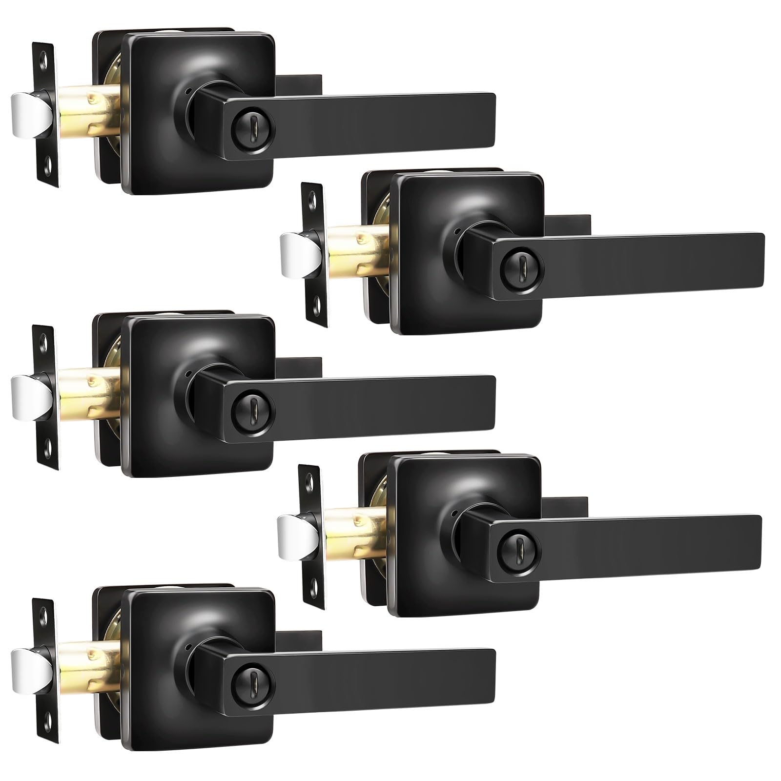 GobeKOR 5-Pack Black Square Interior Door Handles with Keyless Privacy Lock - Reversible Lever Door Knobs for Bedroom, Bathroom & Home Security (Easy Installation, Durable Finish) | Perfect for Modern Homes, Apartments and Office Spaces