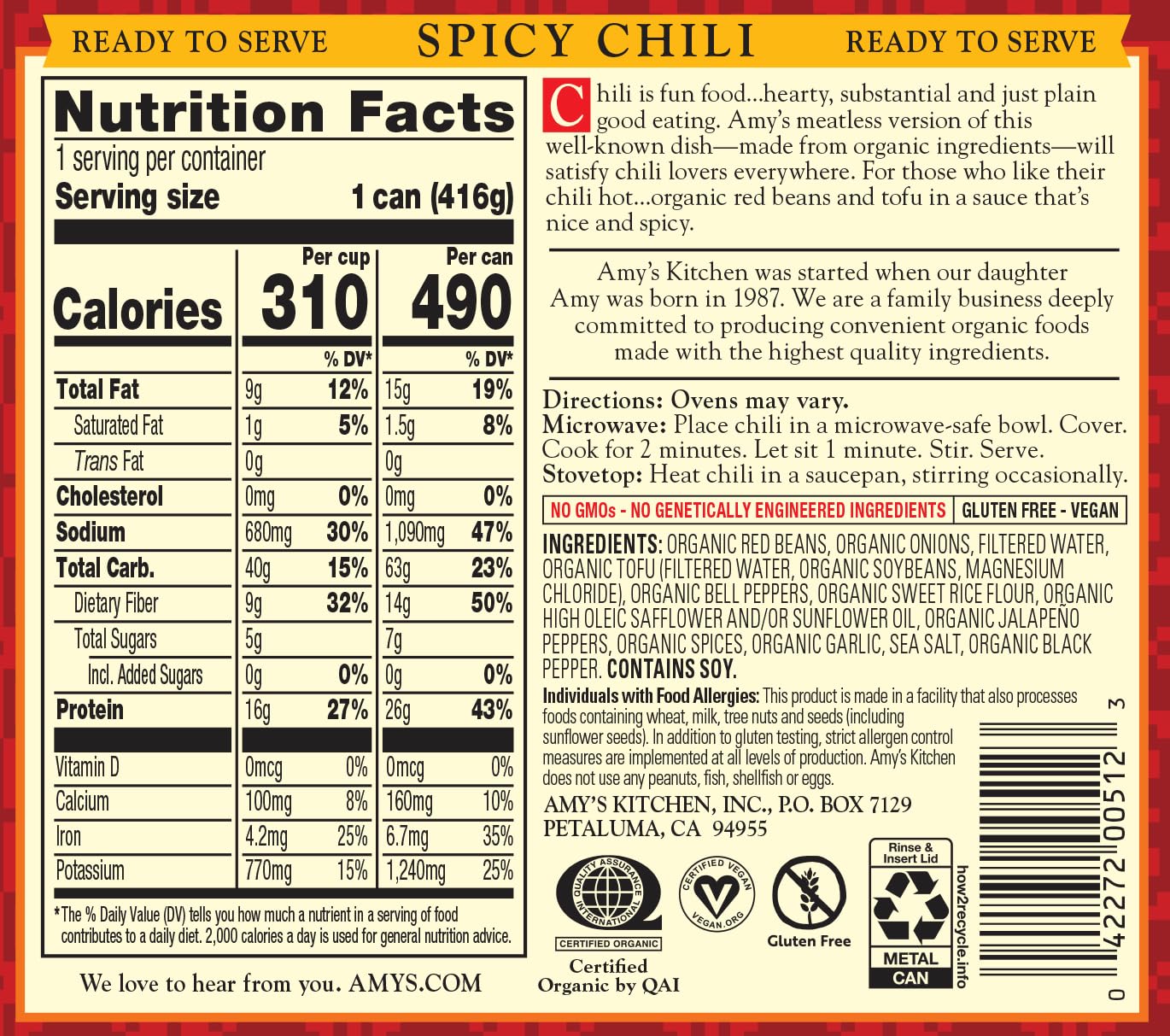 Amy's Organic Vegan Spicy Chili with Red Beans & Tofu - Gluten Free, 14.7 Oz (12 Pack) - Perfect for Camping, Quick Meals & Healthy Plant-Based Diets