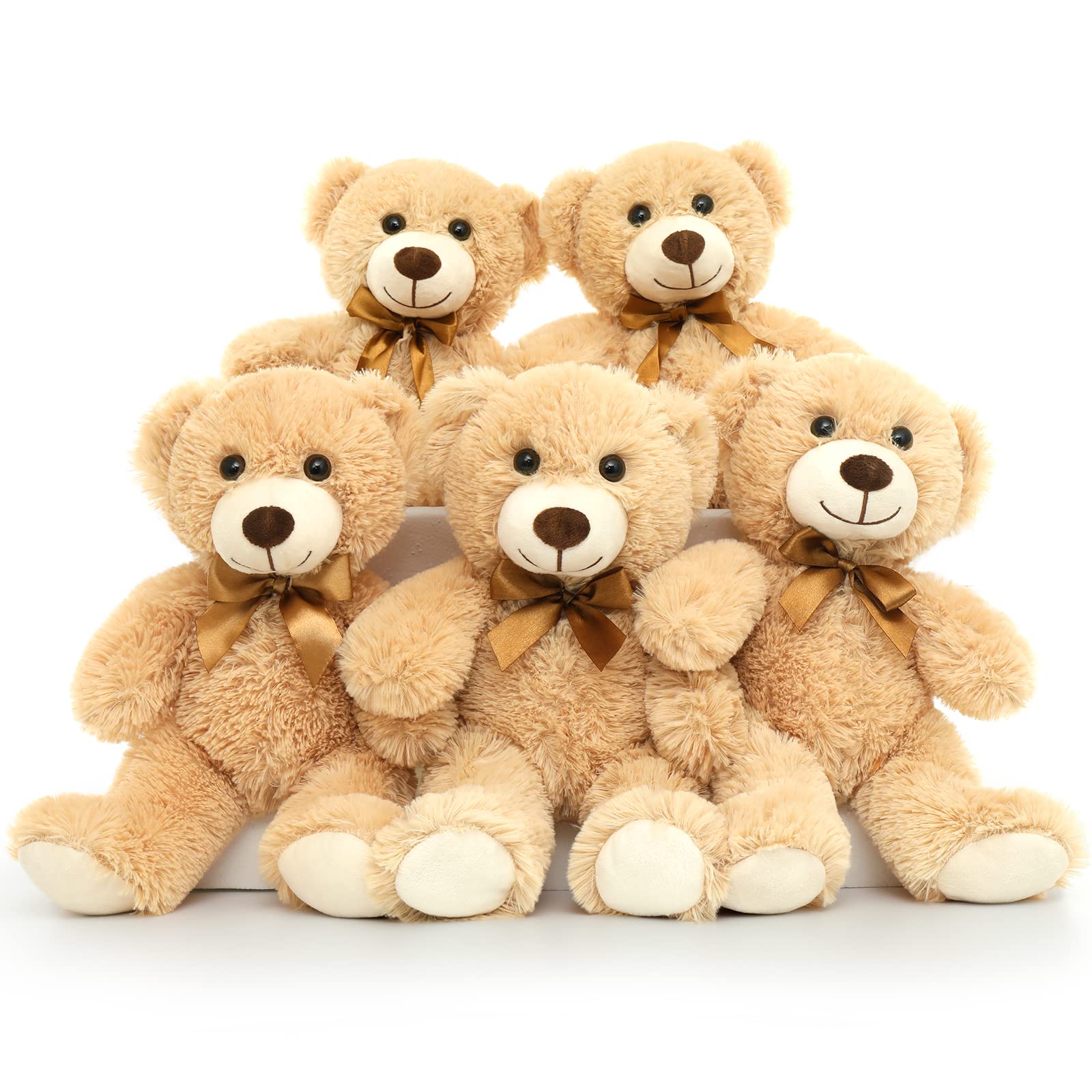 Tezituor 14in Small Teddy Bear Stuffed Animal Plush Toy - Bulk Pack of 5, Light Brown Soft Cuddly Bears - Perfect for Baby Showers, Christmas Gifts, Valentine's Day Presents for Kids, Girlfriends & Loved Ones - Great as Nursery Decor, Party Centerpieces & Comfort Toys