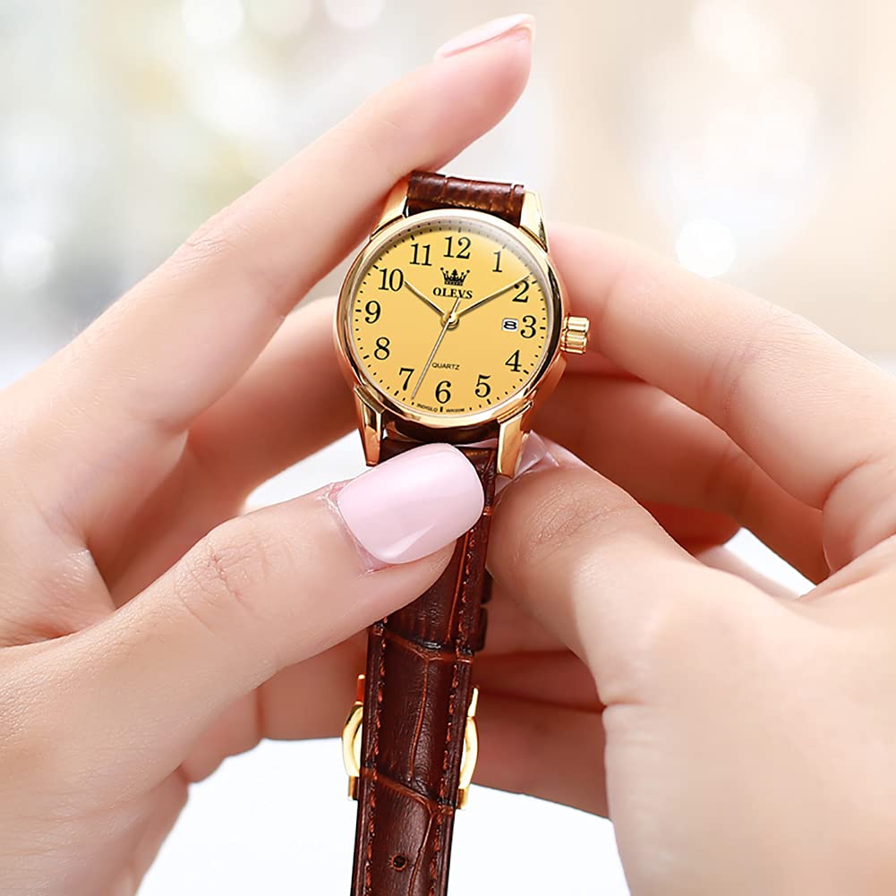 OLEVS Women's Business Dress Watch - Brown Leather Strap, Small Analog Face, Quartz Movement with Calendar & Date Display | Waterproof & Luminous | Perfect for Office, Formal Events & Everyday Wear | Classic Retro Style Ladies Wristwatch Gift
