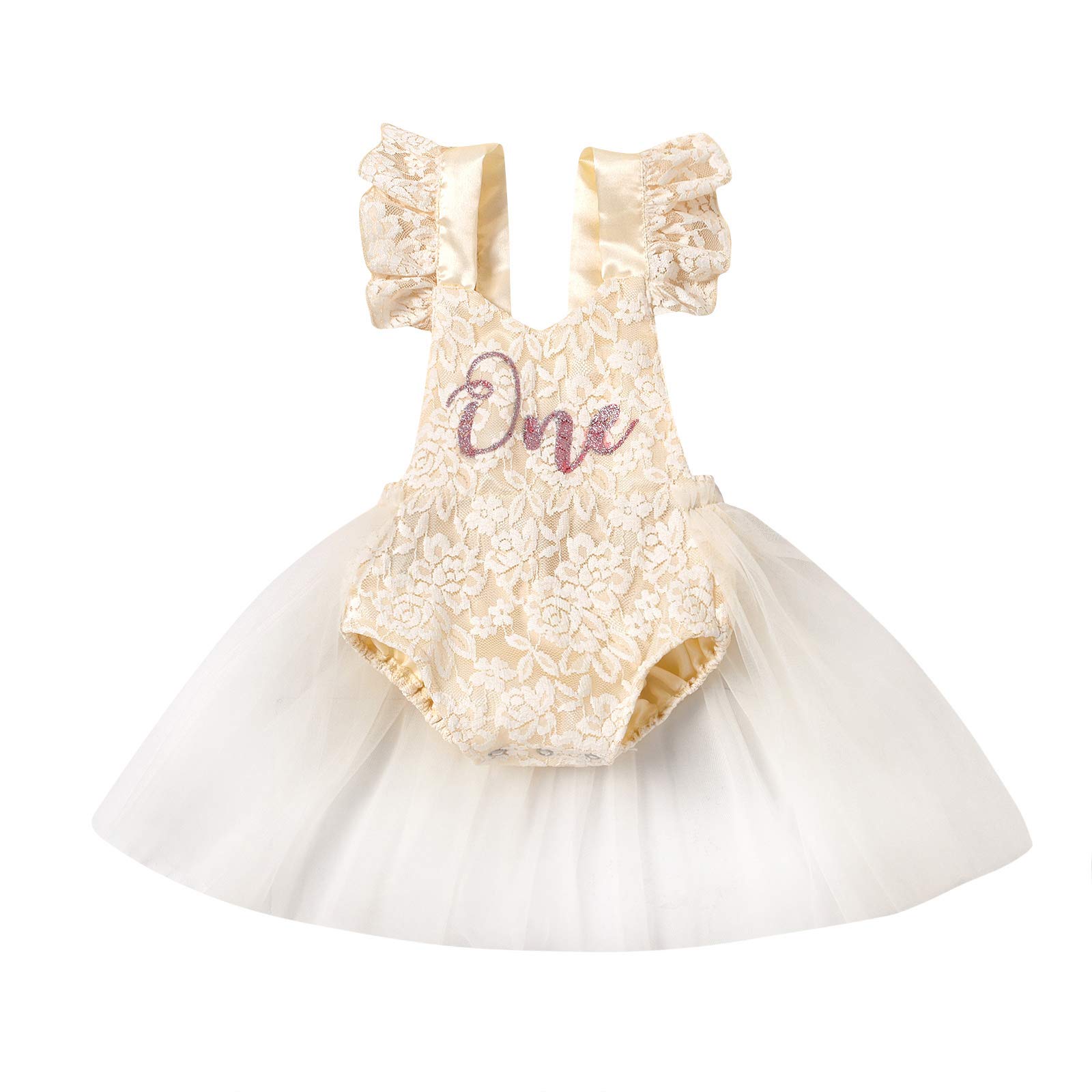 Baby Girl Lace Romper Dress - 1st Birthday Outfit with Short Sleeves & Tulle Tutu Skirt | Princess Bodysuit Party Dress for Photoshoots, Birthday Celebrations & Special Occasions