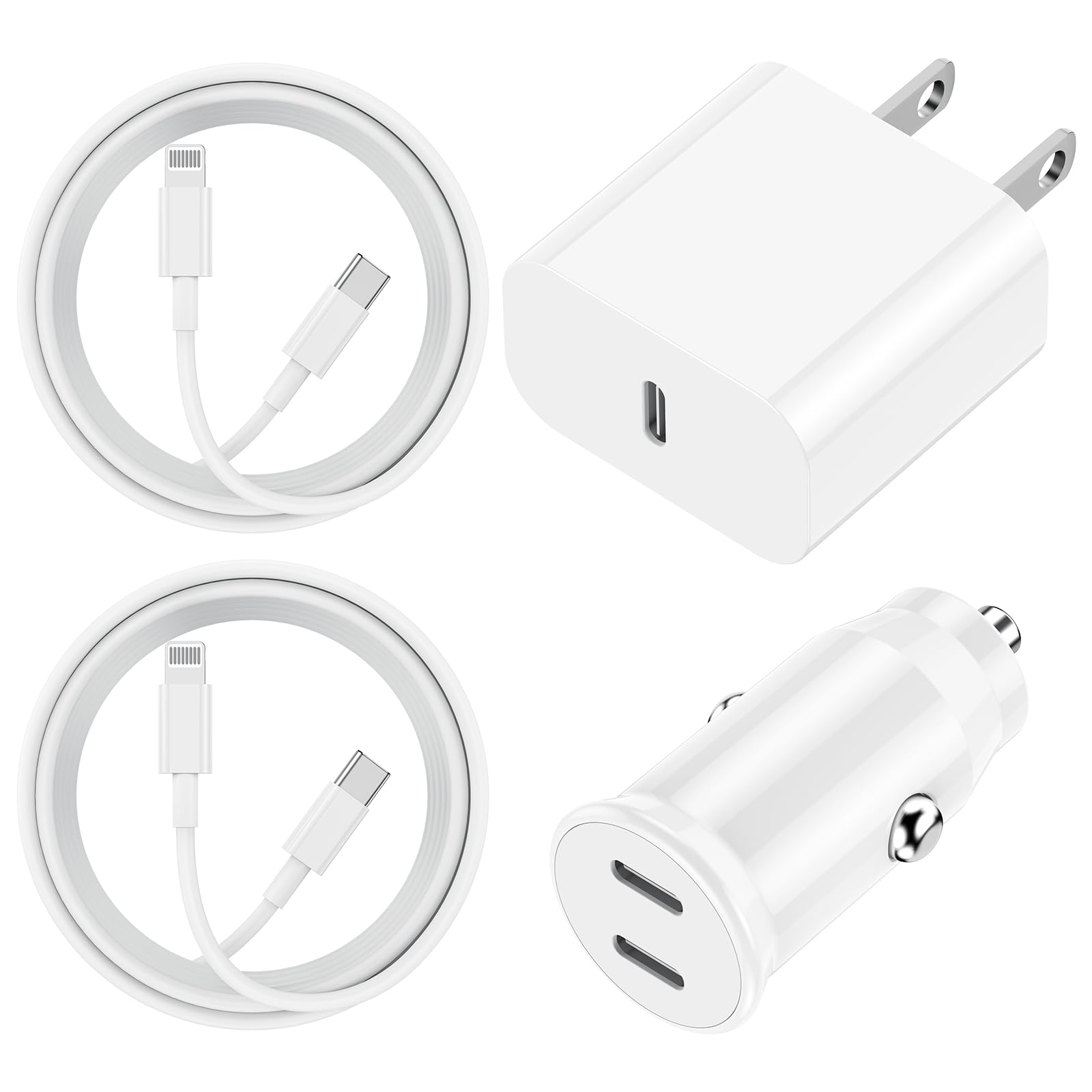 24W Apple MFi Certified Fast Car Charger with Dual USB-C Ports & 2-Pack 6ft Lightning Cables + 20W USB-C Power Adapter - Compatible with iPhone 14 Pro Max/13/12/11/XS/XR/X/Air - Perfect for Road Trips & Fast Charging On-The-Go