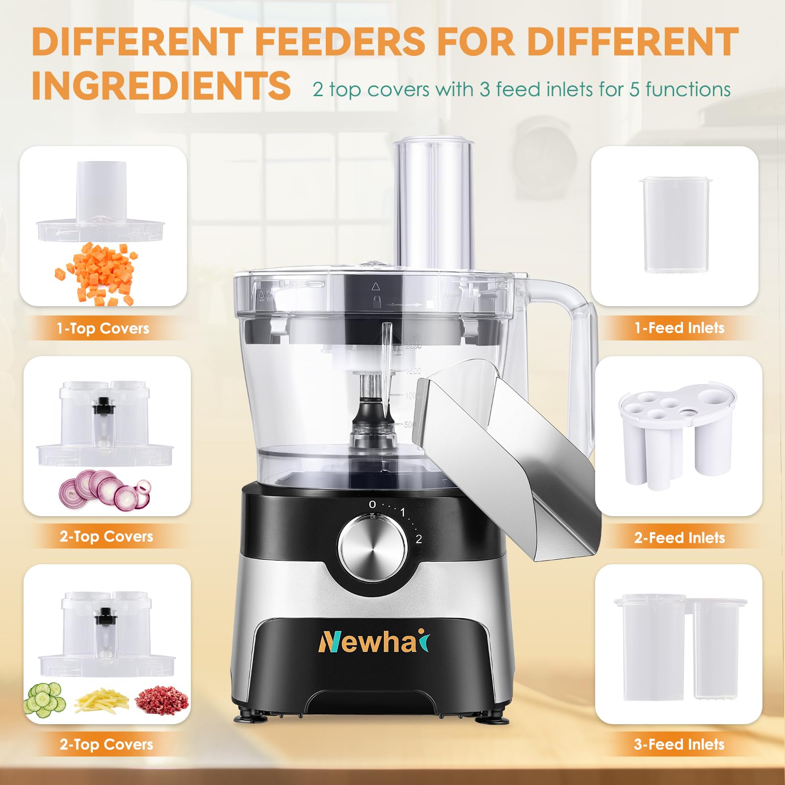 Newhai 5-in-1 Electric Food Processor - 600W Commercial Vegetable Dicer, Slicer, Shredder, Spring Onion Cutter & Meat Grinder with 4 Stainless Steel Blades (110V) - Perfect for Restaurants, Catering & Home Kitchen Meal Prep