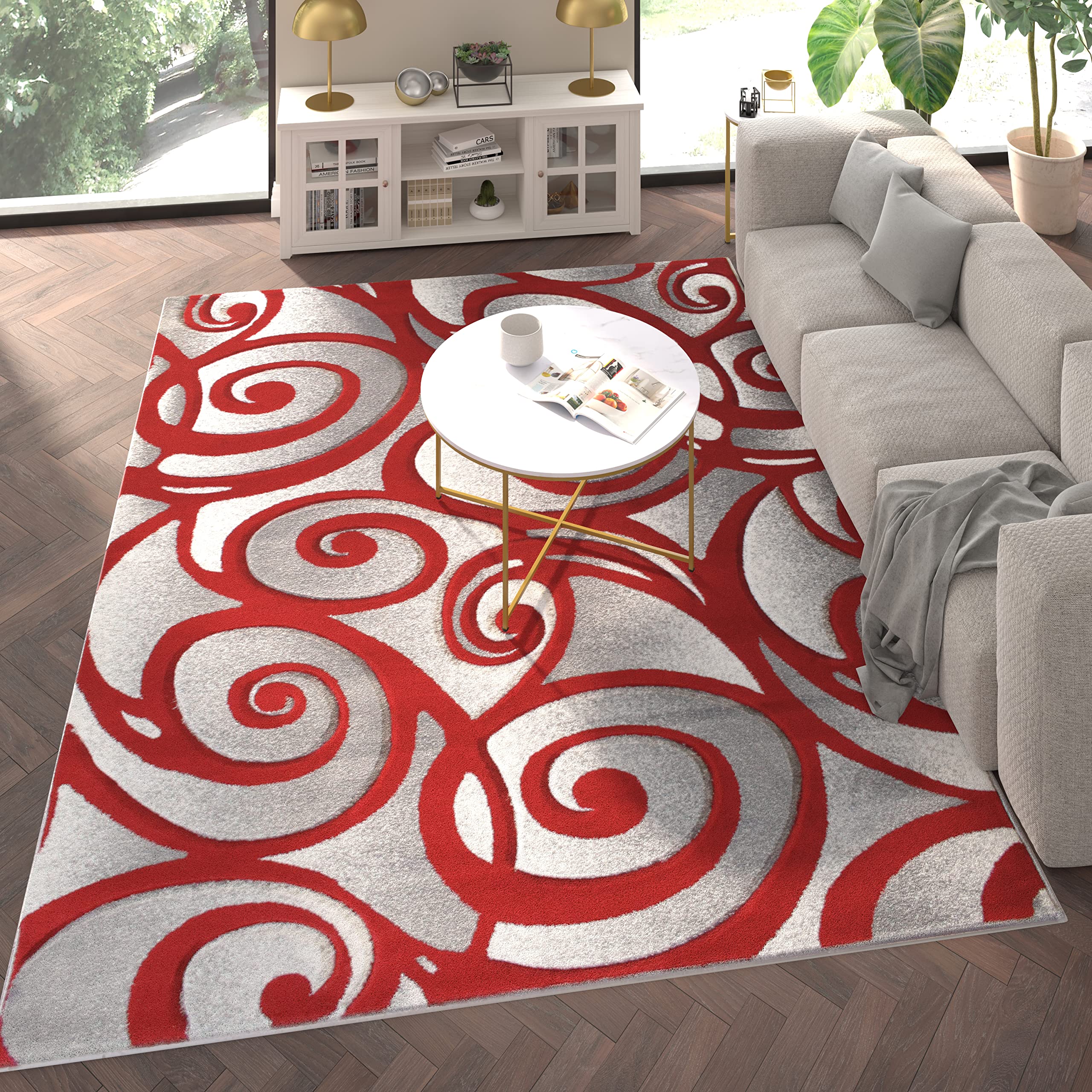 EMMA + OLIVER Olefin Accent Rug - Modern Swirl Design in Red - 8'x10' - Hand Sculpted 3D Effect - Soft Non-Shedding Fibers - Jute Backing - Perfect for Living Room, Bedroom, or Office Decor