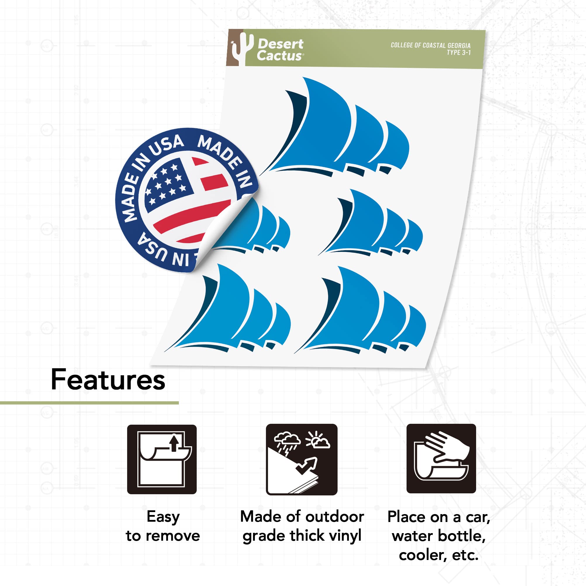 Coastal Georgia Stickers - Desert Cactus & Mariners CCGA Vinyl Decals for Laptop, Water Bottle, Car & Scrapbook | Durable Waterproof Decals for College Pride & Personalization | Perfect for Students, Alumni & Fans