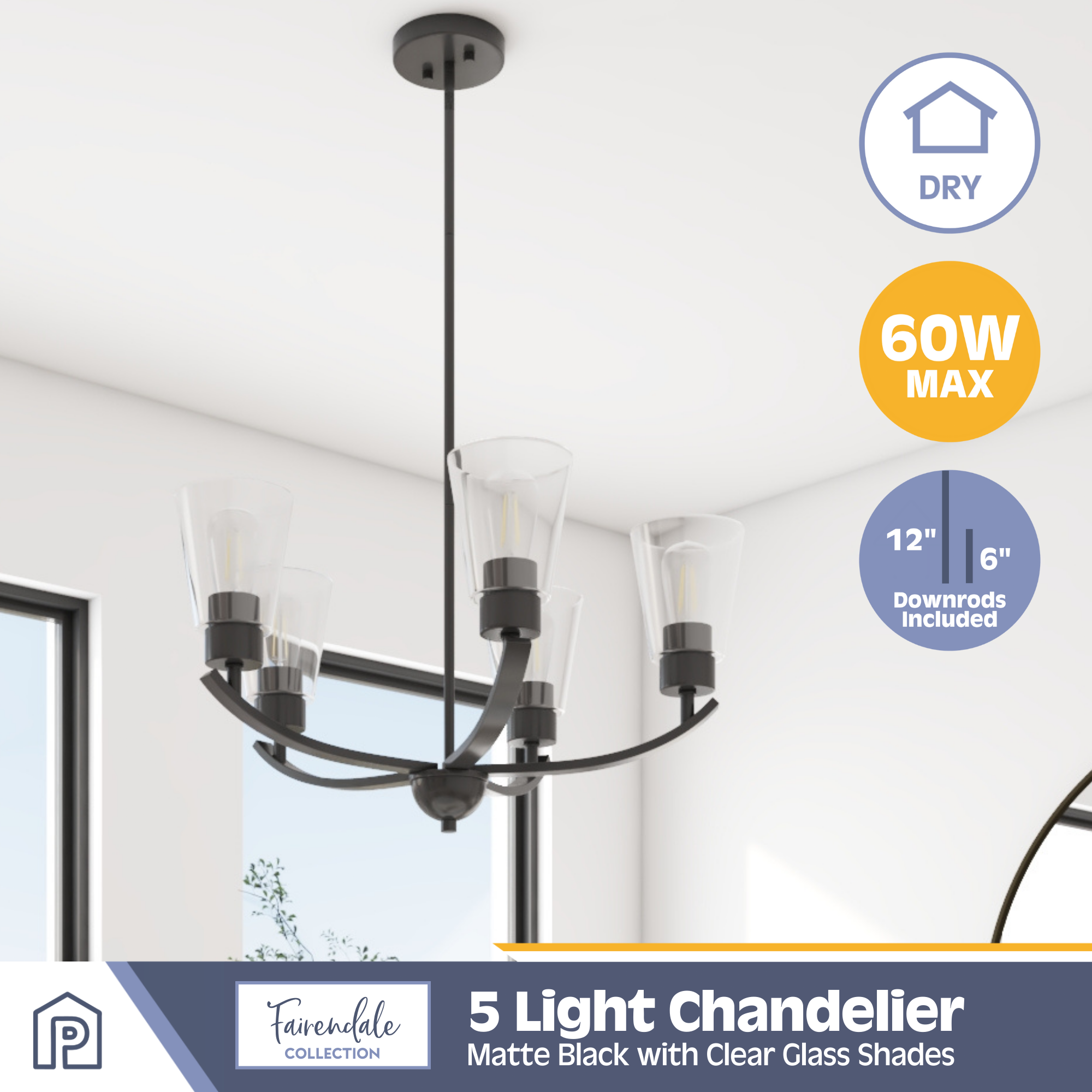 5-Light Fairendale Chandelier in Matte Black with Clear Glass Shades - Elegant Dining Room Lighting Fixture for Modern Home Decor