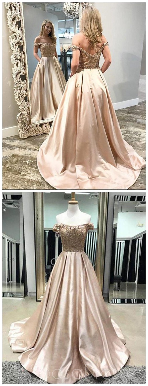 Elegant Off-Shoulder Beaded A-Line Long Evening Prom Dress for Sweet 16 | Formal Gown for Homecoming, Quinceañera & Special Occasions