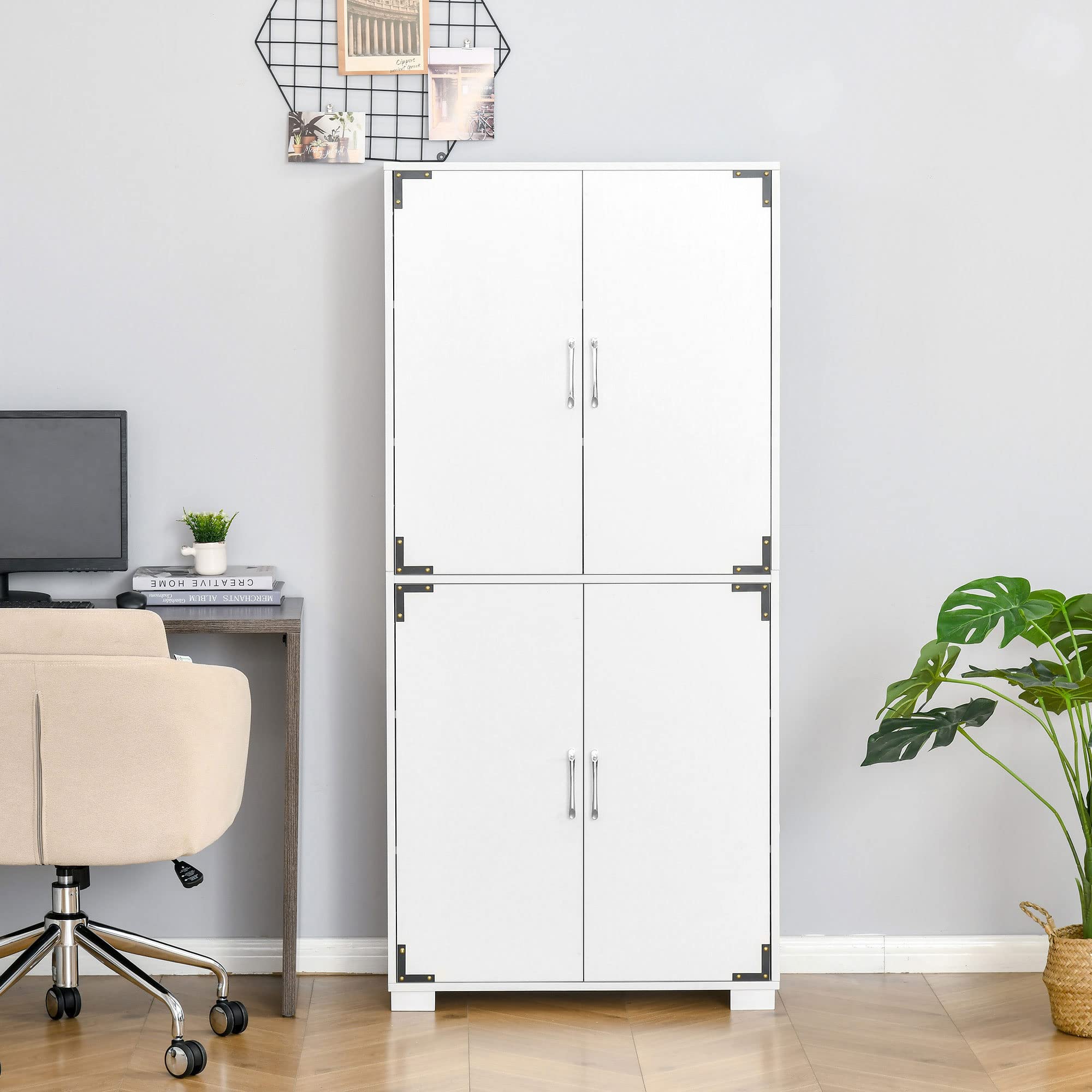 HOMCOM 4-Door Industrial Kitchen Pantry Cabinet with Adjustable Shelves, Freestanding Storage Organizer for Pantry, Laundry Room, Garage - White