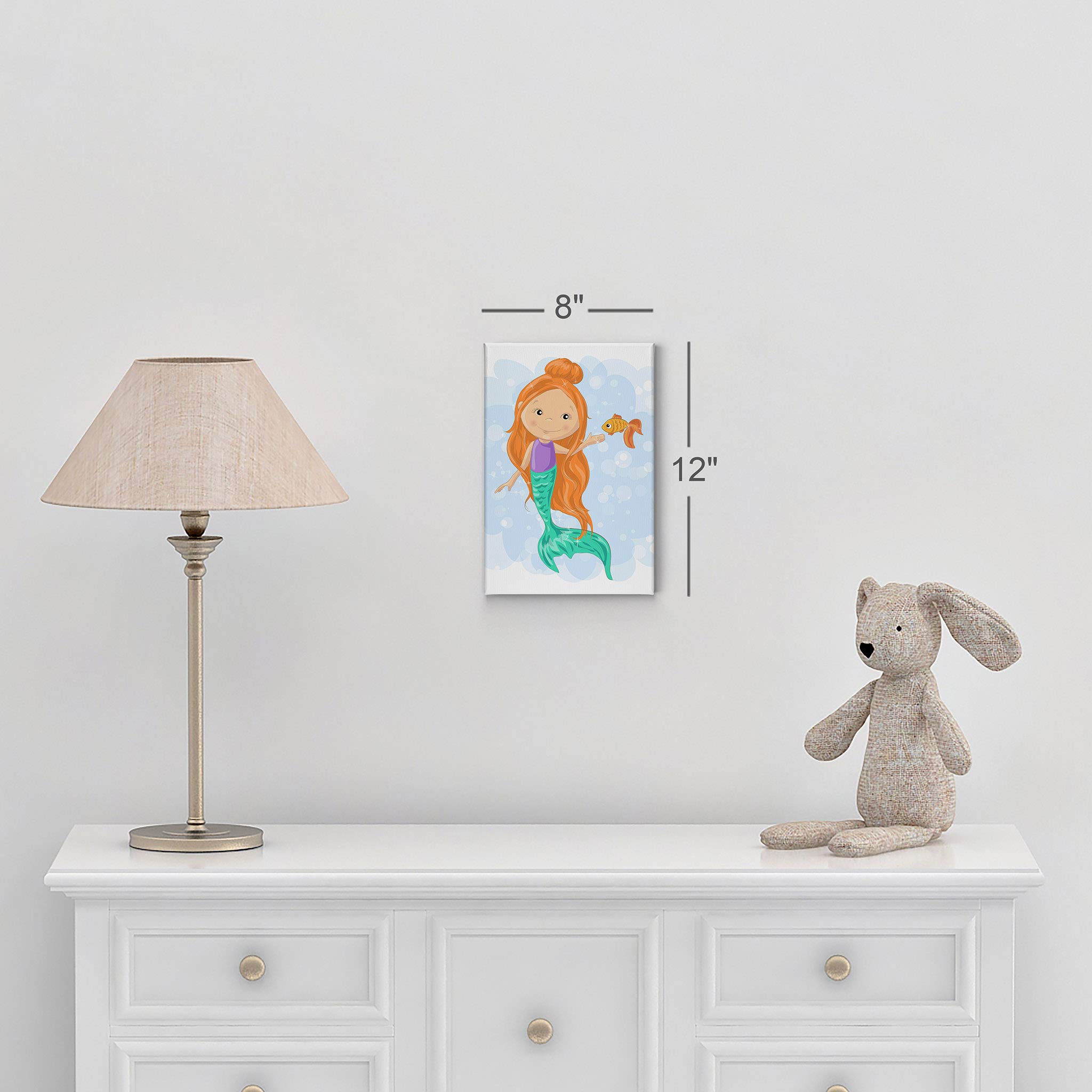 Cute Mermaid Canvas Print - Smile Art Design Kids Room Decor, Nursery Wall Art with Fish & White Background, Ready to Hang (36x24) - Perfect for Baby Rooms, Playrooms & Under-the-Sea Themed Decor | Made in USA