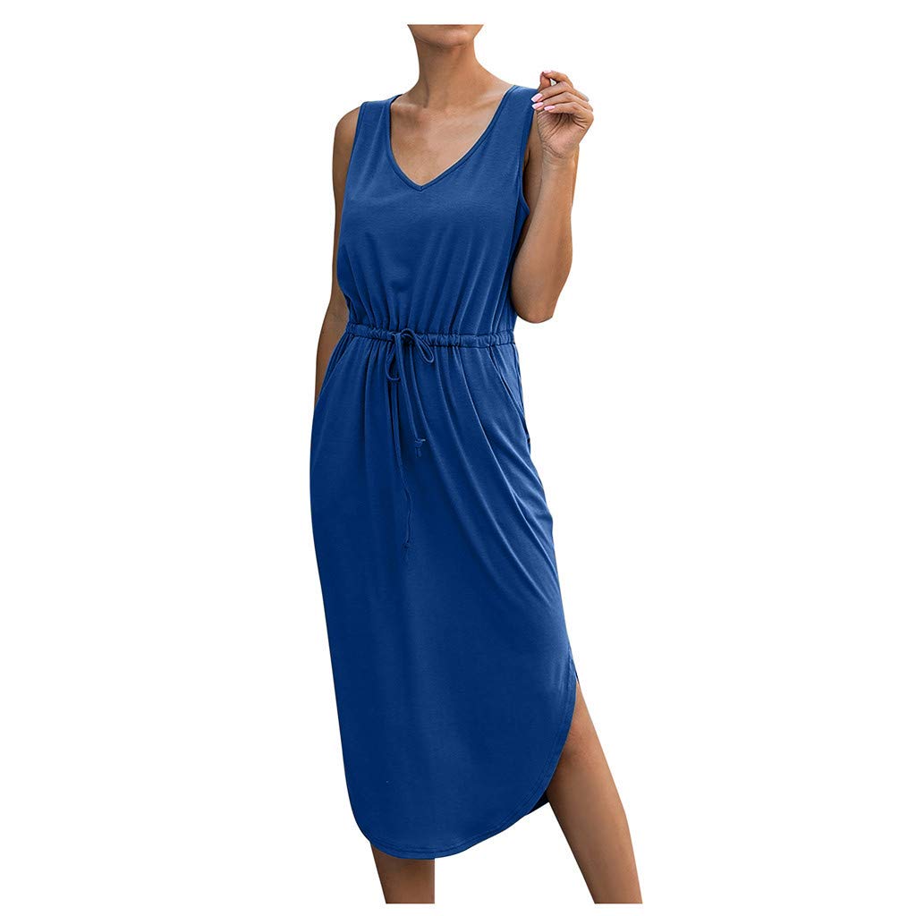 Women's V-Neck Sleeveless High Waist Midi Dress with Side Slit & Pockets - Summer Casual Flowy Dress for Beach, Party & Office Wear