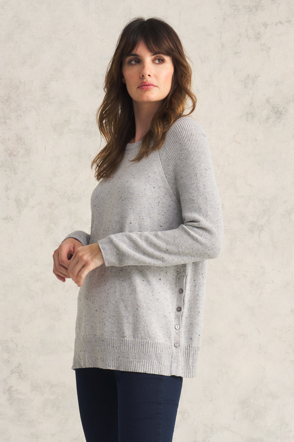 Stylish Button Side Detail Jumper with Pearl Donegal Accents - Perfect for Casual Outfits, Office Wear & Fall Fashion