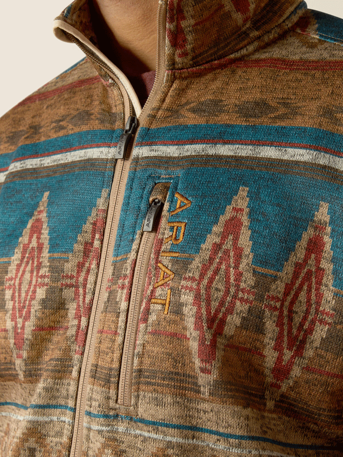 Ariat Men's Caldwell Full Zip Sweater - Oxford Tan Southwest Print | Warm Fleece Pullover for Outdoor Activities, Casual Wear & Western Style Fashion