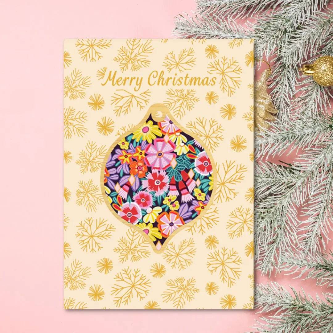 Christmas Greeting Card with Wooden Ornament - Floral Holiday Decor for Tree, Gift, and Festive Home Decoration