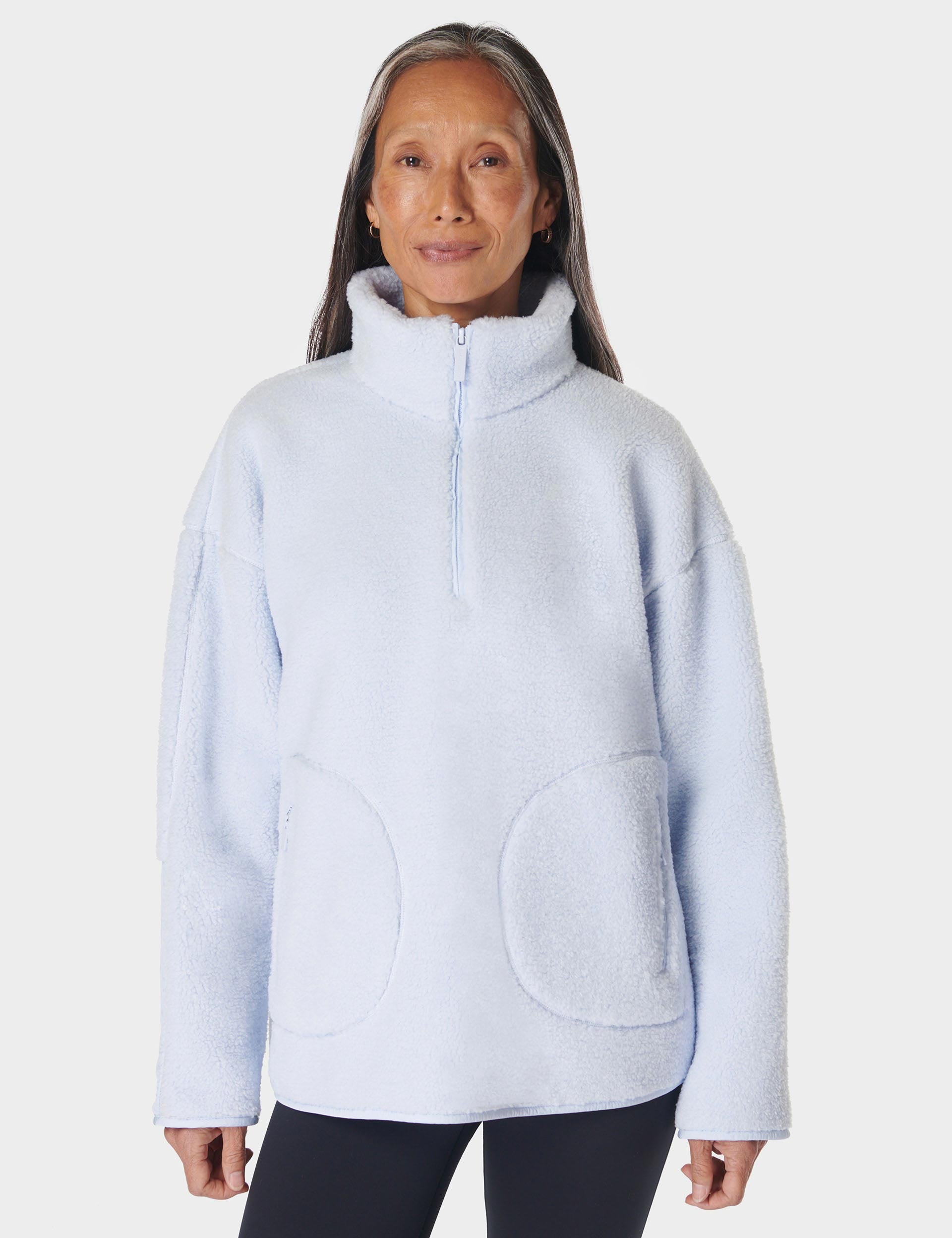 Soft Plush Fleece Textured Half Zip Pullover - Salt Blue | Cozy Winter Wear for Outdoor Activities & Casual Loungewear