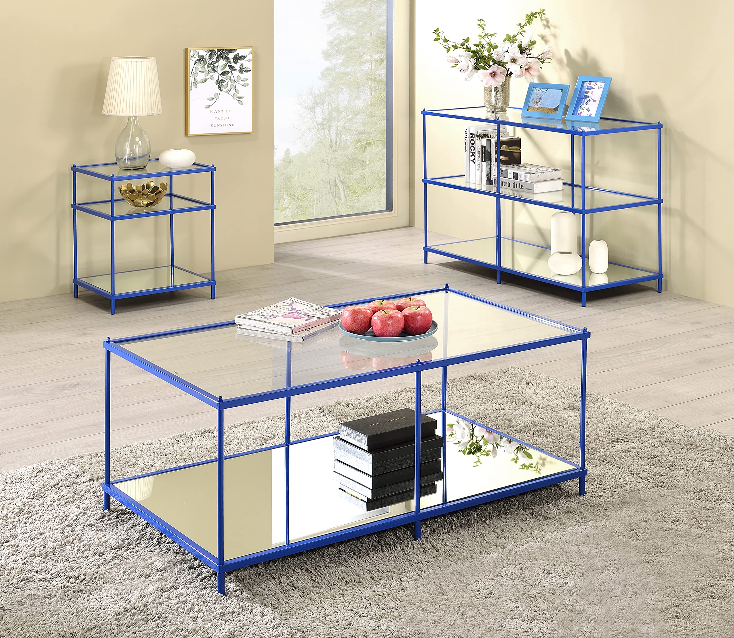 Modern 2-Shelf Metal Storage Side Table with Glass Top - 18 Inch Rectangle Design for Living Room & Bedroom - Blue Langeloth Style - Perfect for Holding Books, Plants & Decor