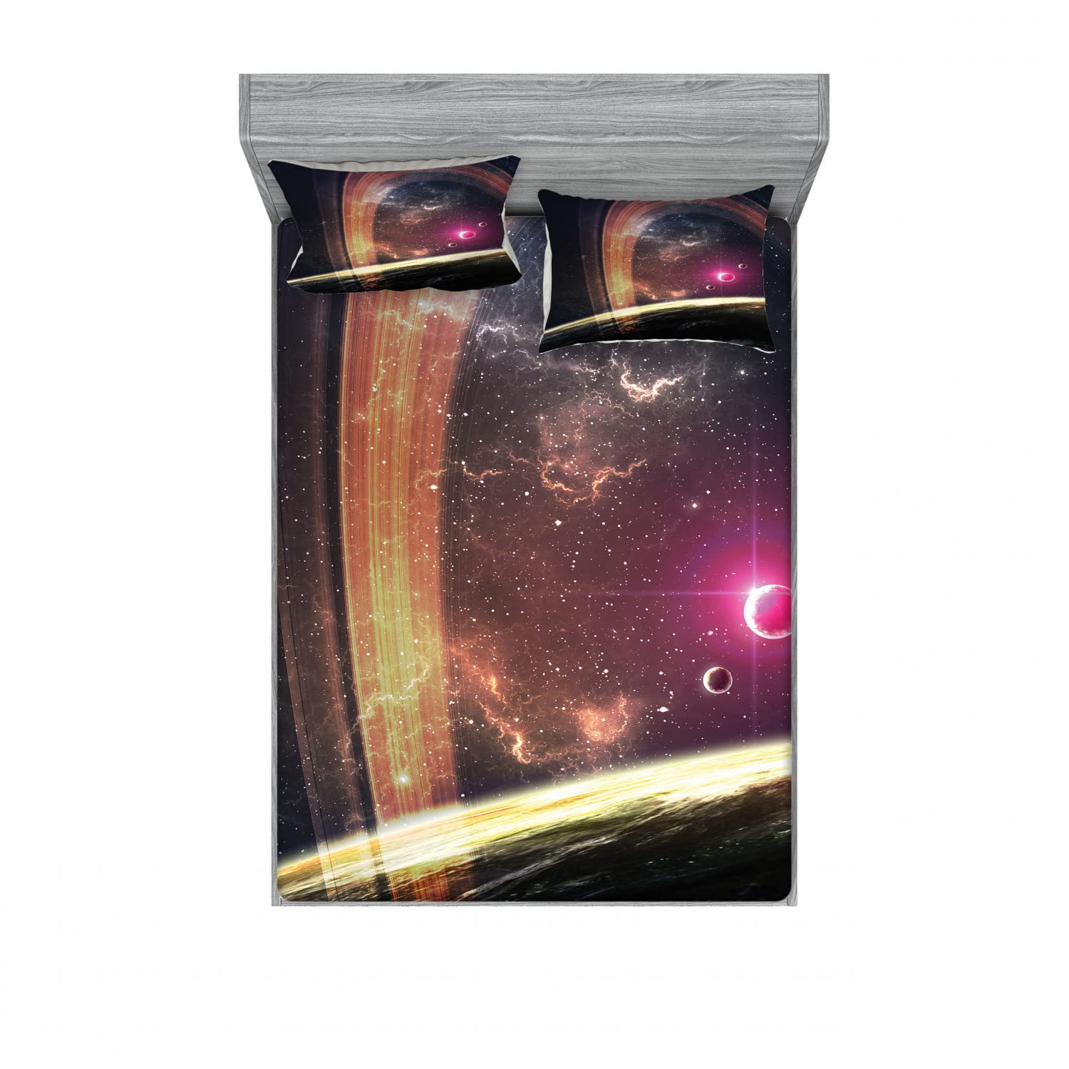 Ambesonne Galaxy 2-Pack Queen Size Fitted Sheet & Pillow Sham Set - Nebula Dust with Stars, 4-Piece Bedding Decor (2 Fitted Sheets + 4 Pillow Covers) Dark Grey Magenta - Space Themed Bedroom Decor for Kids & Adults, Perfect for Astronomy Lovers & Sci-Fi Fans