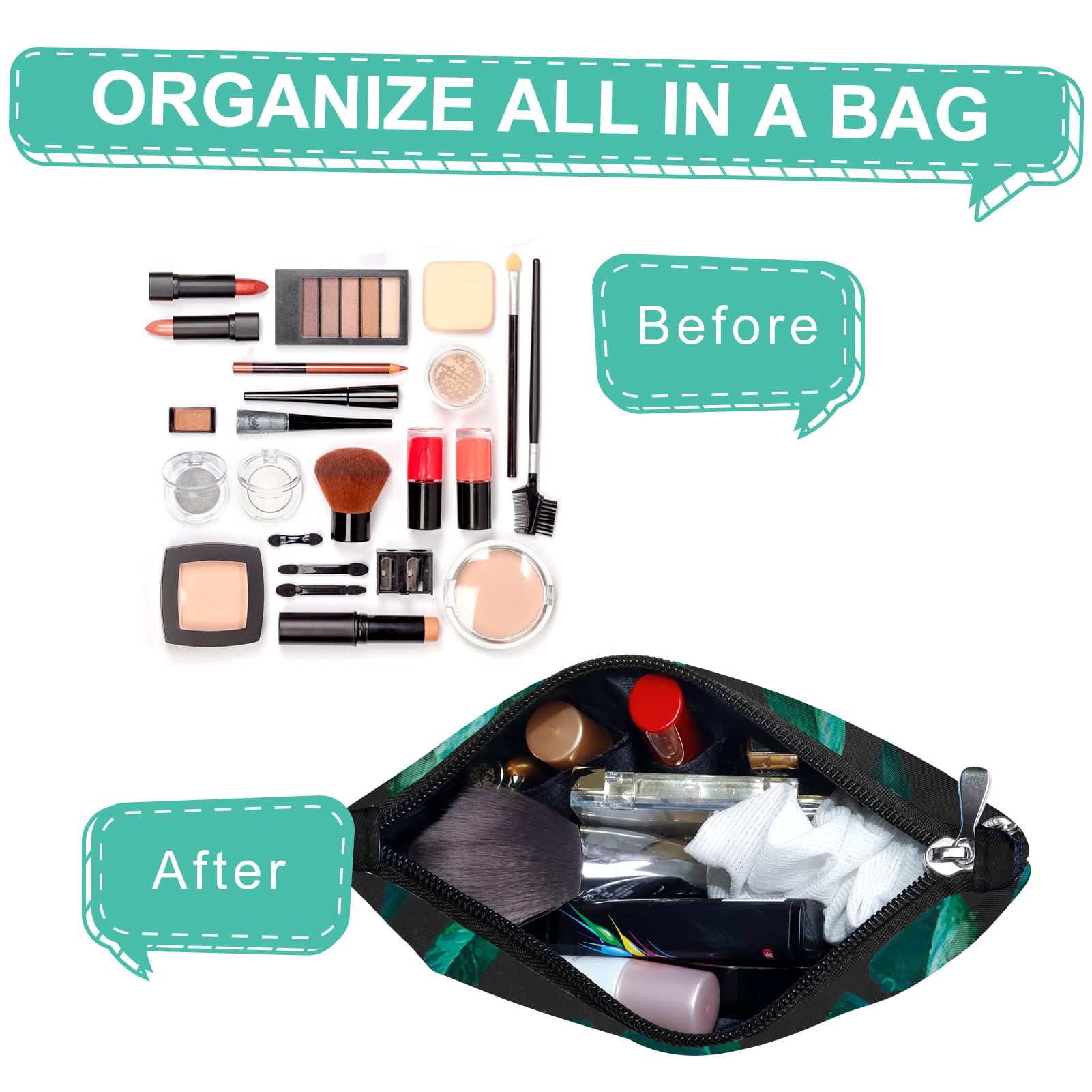 Gloppie Small Makeup Bag for Women - Waterproof Zipper Cosmetic Pouch for Purse Essentials, Sunscreen & Travel Toiletries - Green Leaves Design - Perfect for Daily Use, Travel & Gift Giving