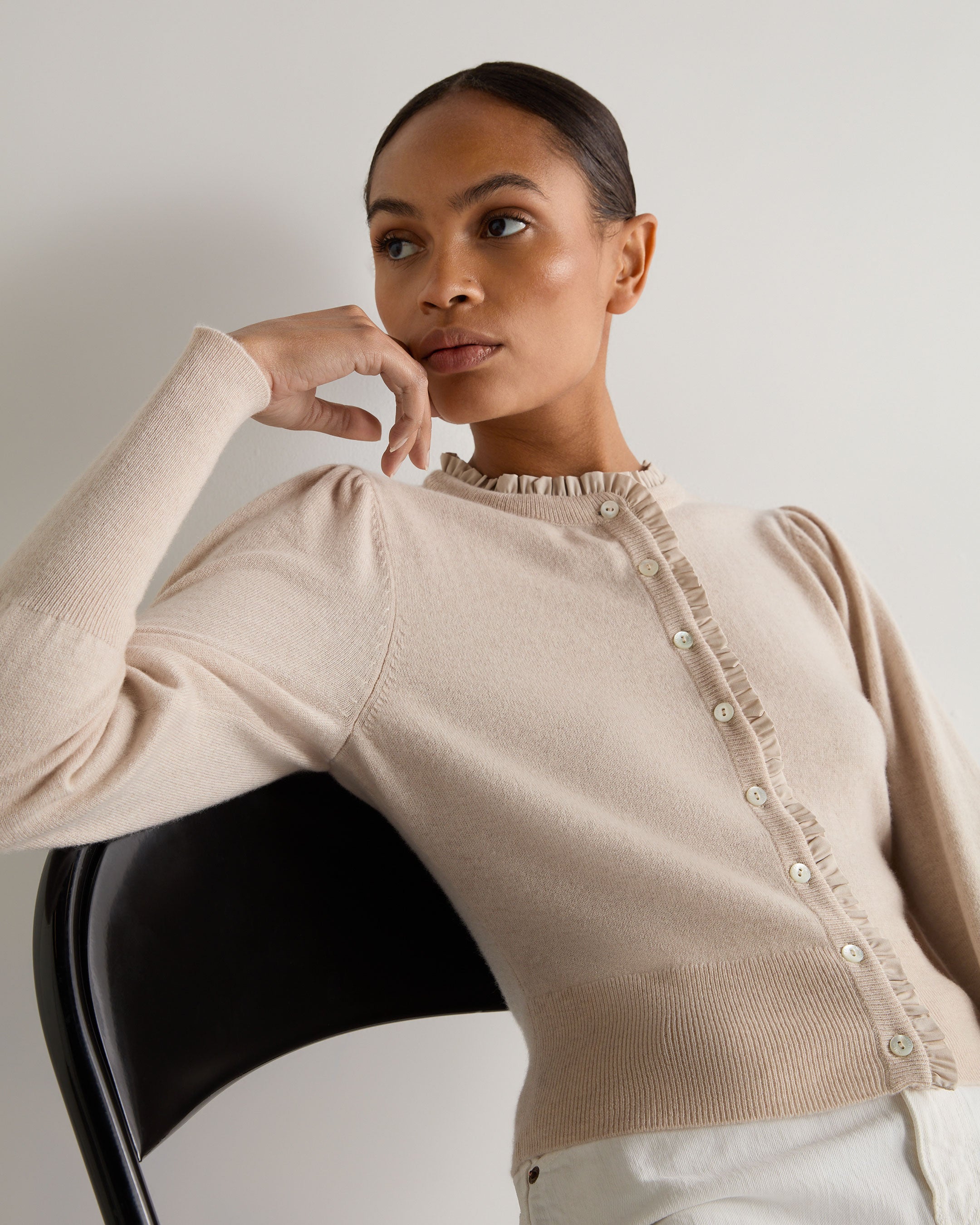 Luxury Women's Ruffle Trim Cashmere Cardigan Sweater - Soft Warm Winter Knitwear (Ecru White) | Perfect for Office, Date Night & Holiday Outfits