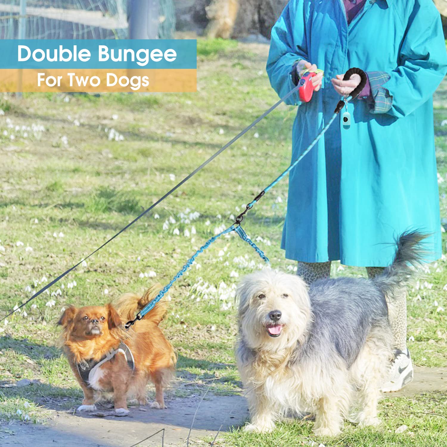 BAAPET 4 FT Double Dog Leash with Tangle-Free Shock Absorbing Bungee & Poop Bags - Dual Dog Walking Leash for Small Medium Large Dogs (Medium/Large, Pink) - Perfect for Hiking, Jogging and Outdoor Adventures with Your Pets
