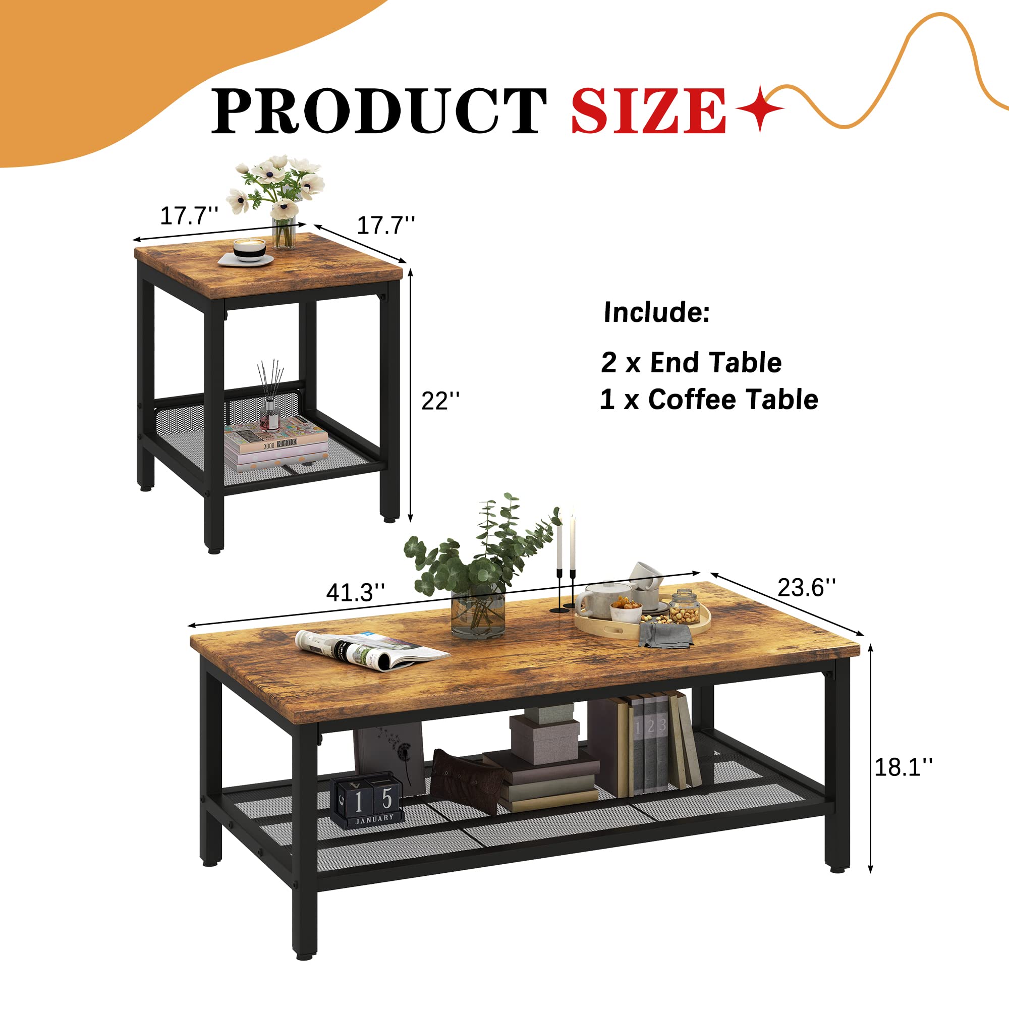 Lamerge 3-Piece Industrial Coffee Table Set with Metal Frame - Rustic Brown Living Room Tables (Coffee Table + 2 Square End Tables) for Apartment, Home Office & Modern Farmhouse Decor | Perfect for Small Spaces, Entertaining Guests & Stylish Home Furnishing