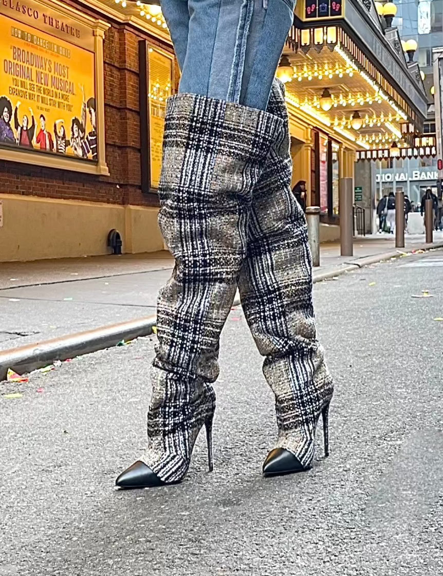 PAULINA TWEED THIGH HIGH BOOTS - Women's Fashion Knee High Boots for Fall & Winter, Stylish Chunky Heel Booties for Party, Office & Night Out