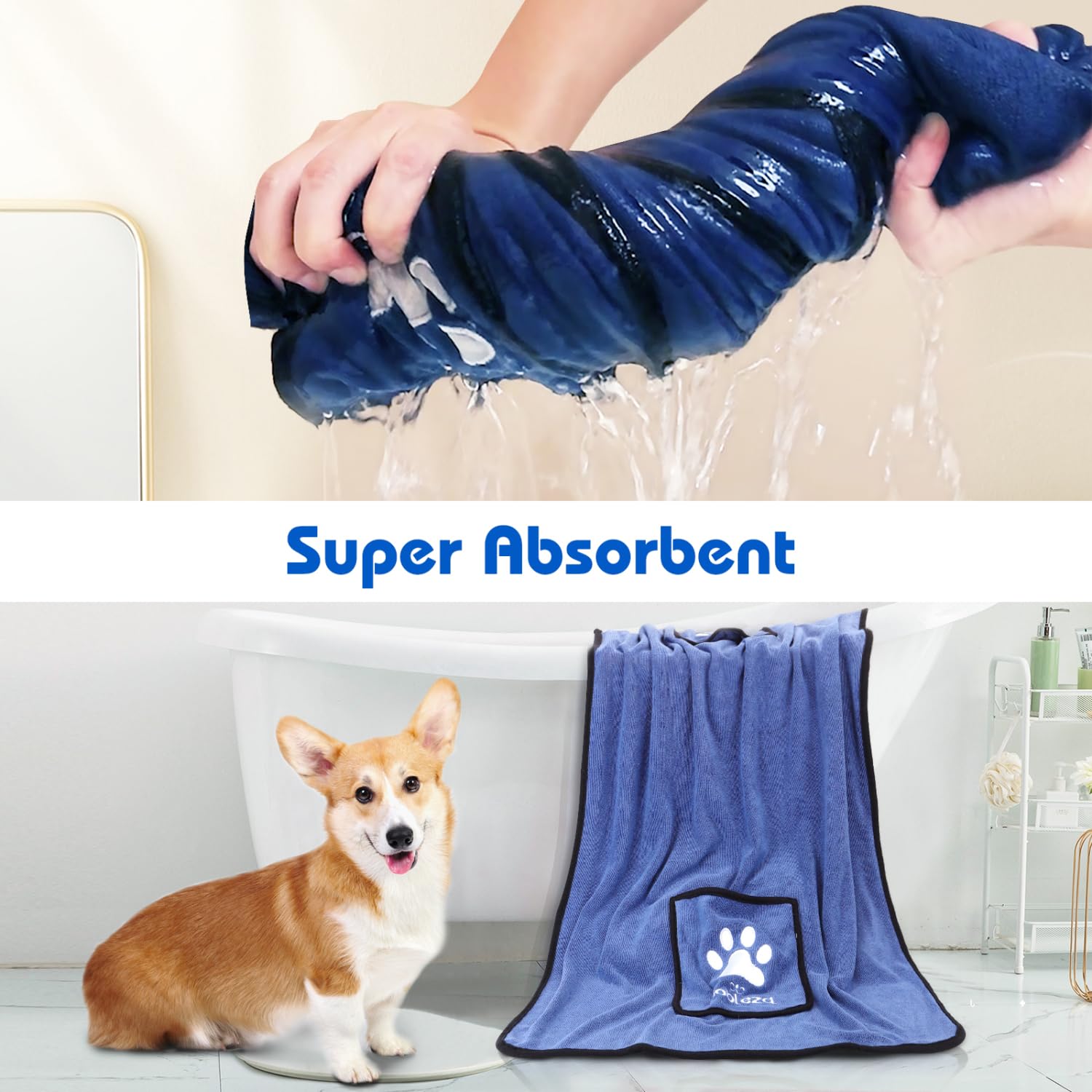 Nobleza Super Absorbent Large Dog Towel with Hand Pockets - Quick Drying Microfiber Pet Towel for Bathing & Grooming - Perfect for Dogs, Cats & Pets After Swimming or Bath Time (Mazarine)