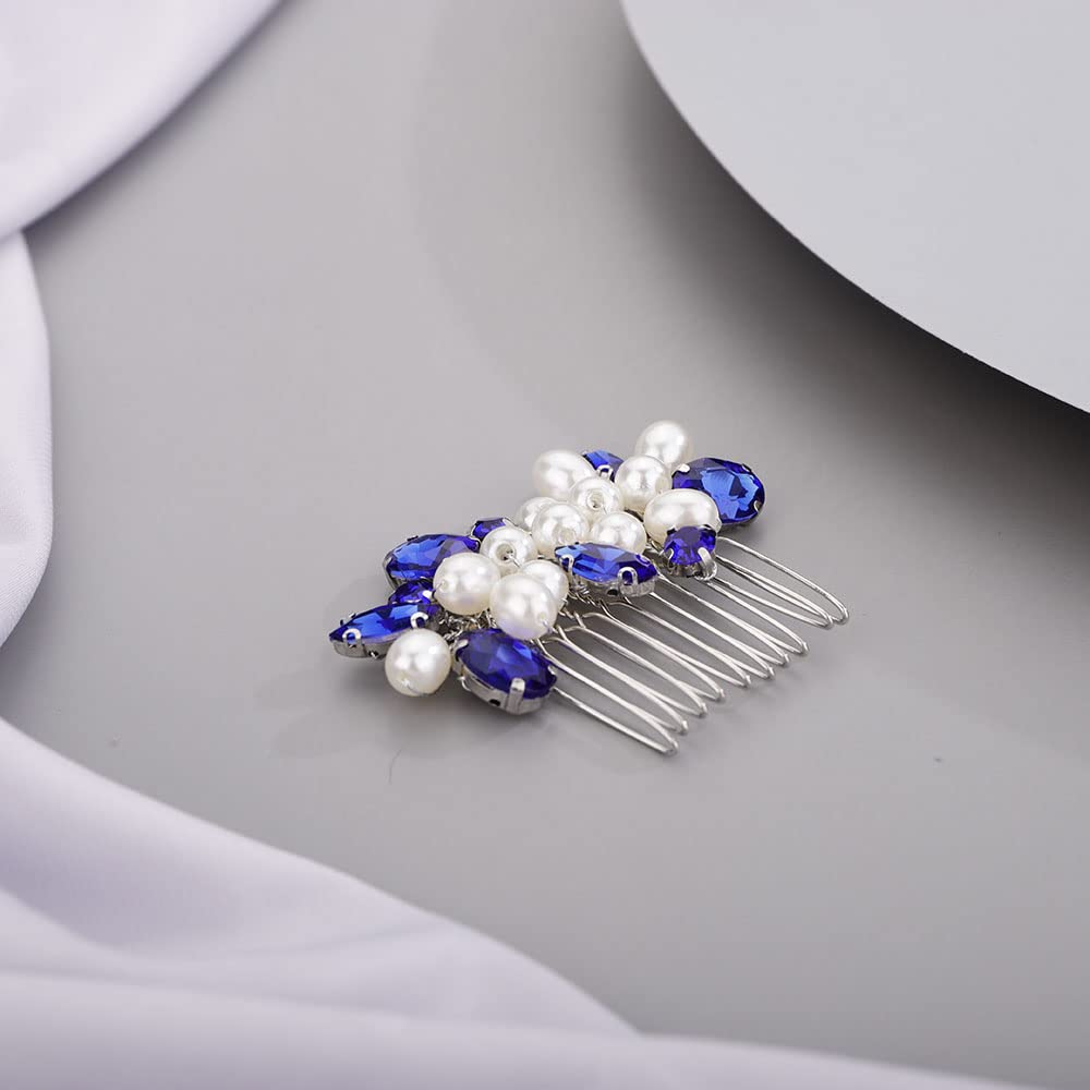 Chargances Blue Rhinestone Pearl Wedding Hair Comb – Handmade Bridal Hair Accessory for Bride & Bridesmaids, Crystal Side Comb for Women & Girls, Prom & Special Occasions