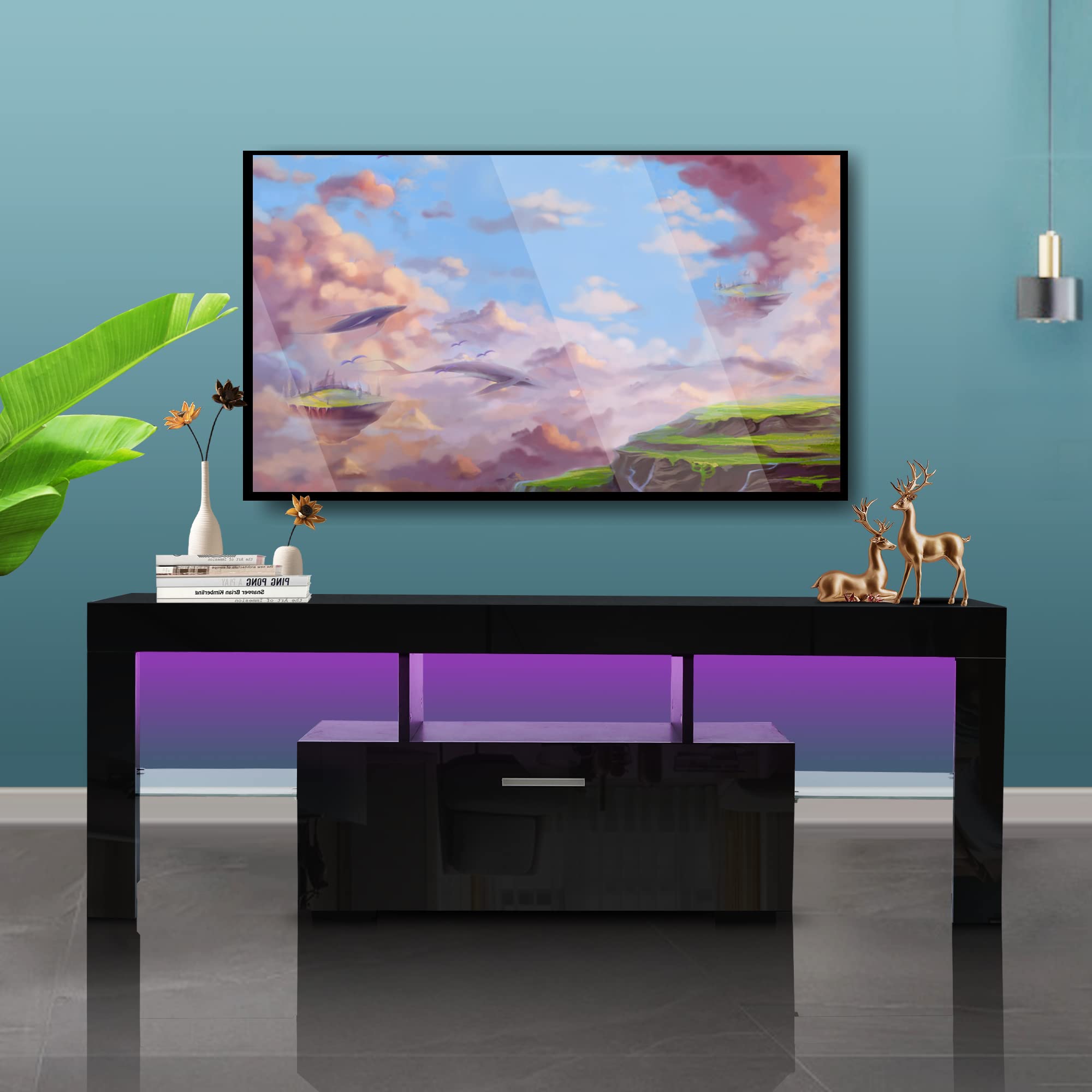 Modern Black TV Stand with LED Lights for 55 Inch TVs - Media Entertainment Center with Storage Shelves for Living Room & Bedroom (51.2