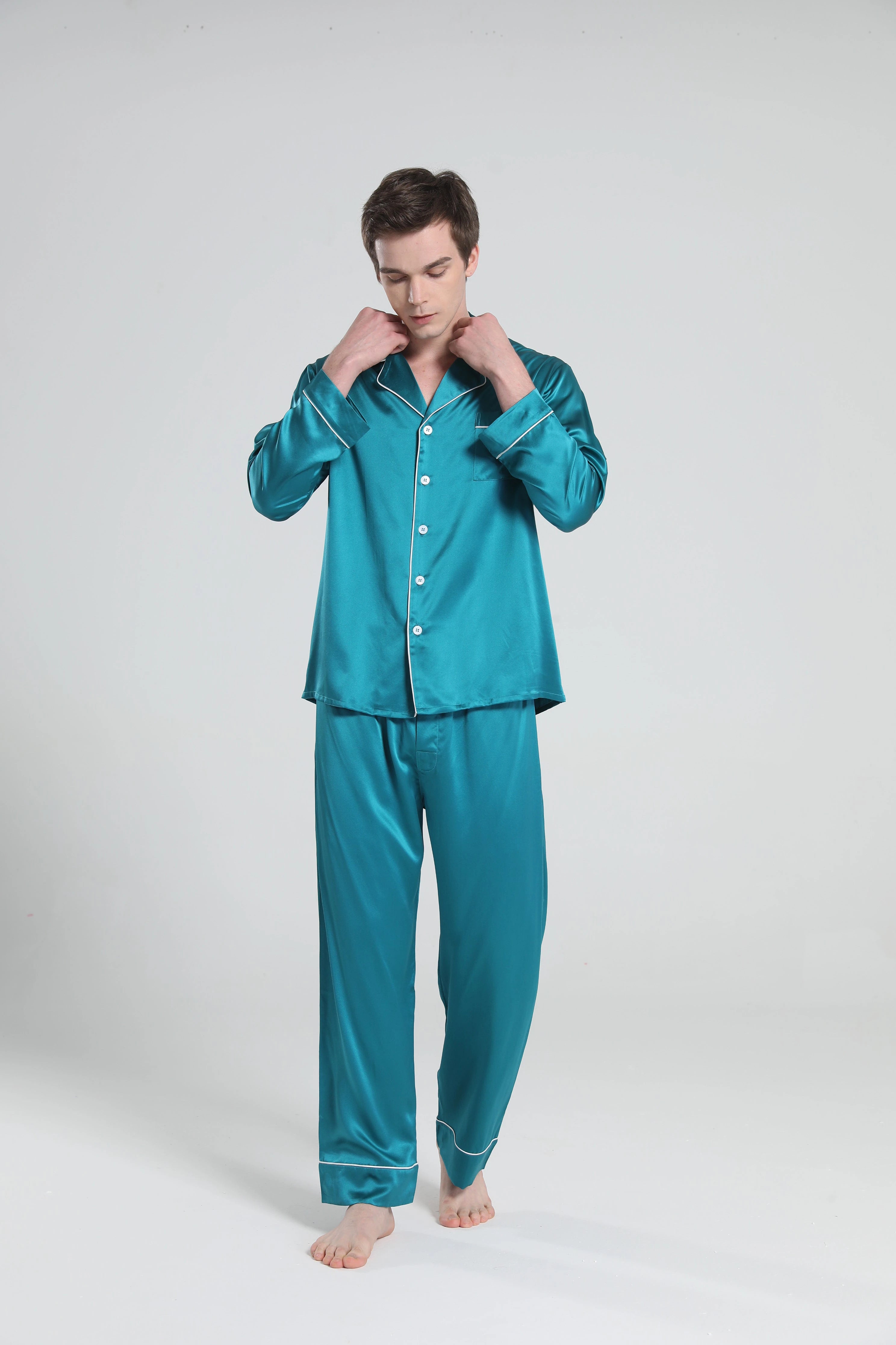 Premium Men's Silk Pajama Set with Lapel Collar - Soft & Breathable Sleepwear for Lounge & Travel - Perfect for Home Relaxation & Hotel Stays