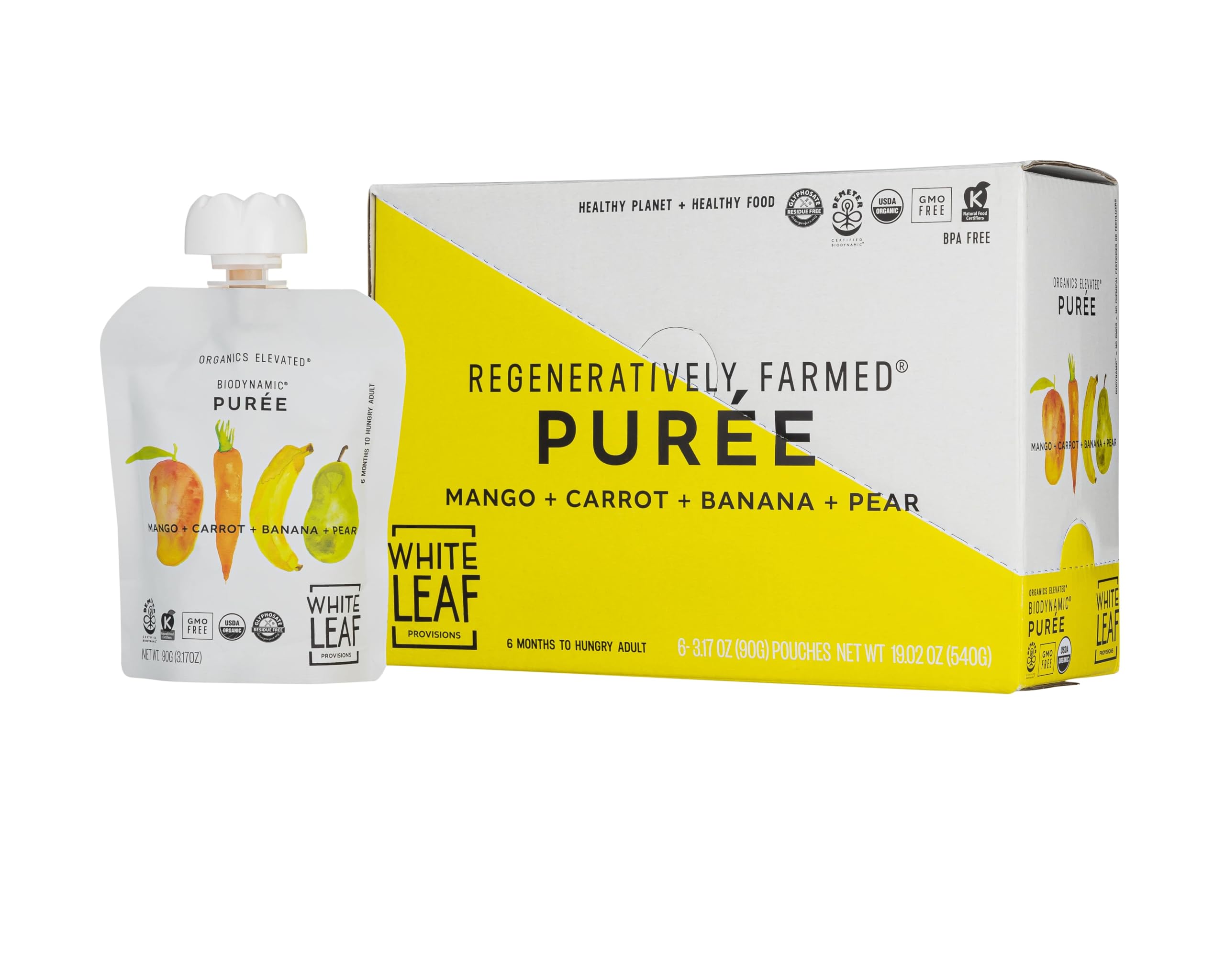 Organic Baby Food Pouches by White Leaf Provisions - USDA Certified, Non-GMO, BPA Free Squeezable Toddler Snacks - 24 Pack (90g Each, Mango Carrot Banana Pear) - Healthy On-the-Go Meals for Babies & Toddlers