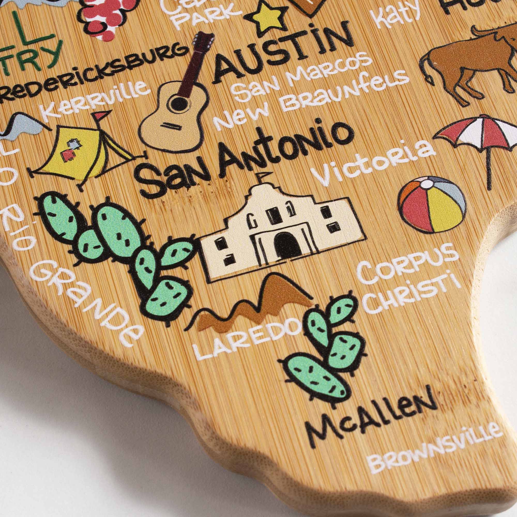 Texas Shaped Wooden Cutting Board with Handcrafted Fish Kiss™ Artwork - Perfect for Kitchen Decor, Gift Giving, and Serving Charcuterie