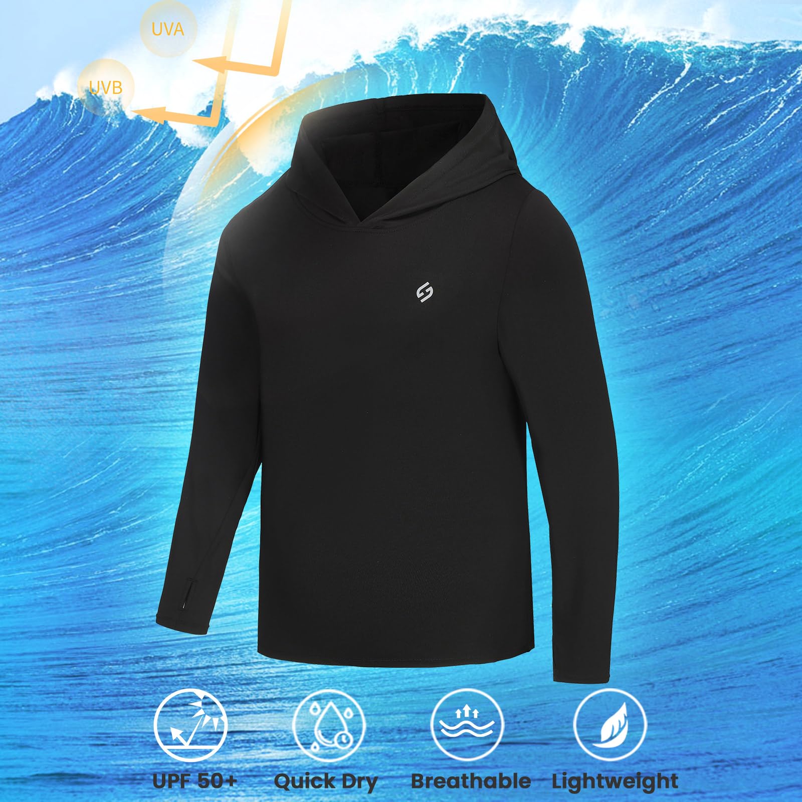 HODOSPORTS Boys UPF 50+ Sun Protection Long Sleeve Rash Guard Swim Shirt - Hooded UV Swimwear for Kids, Perfect for Swimming, Hiking & Beach Activities