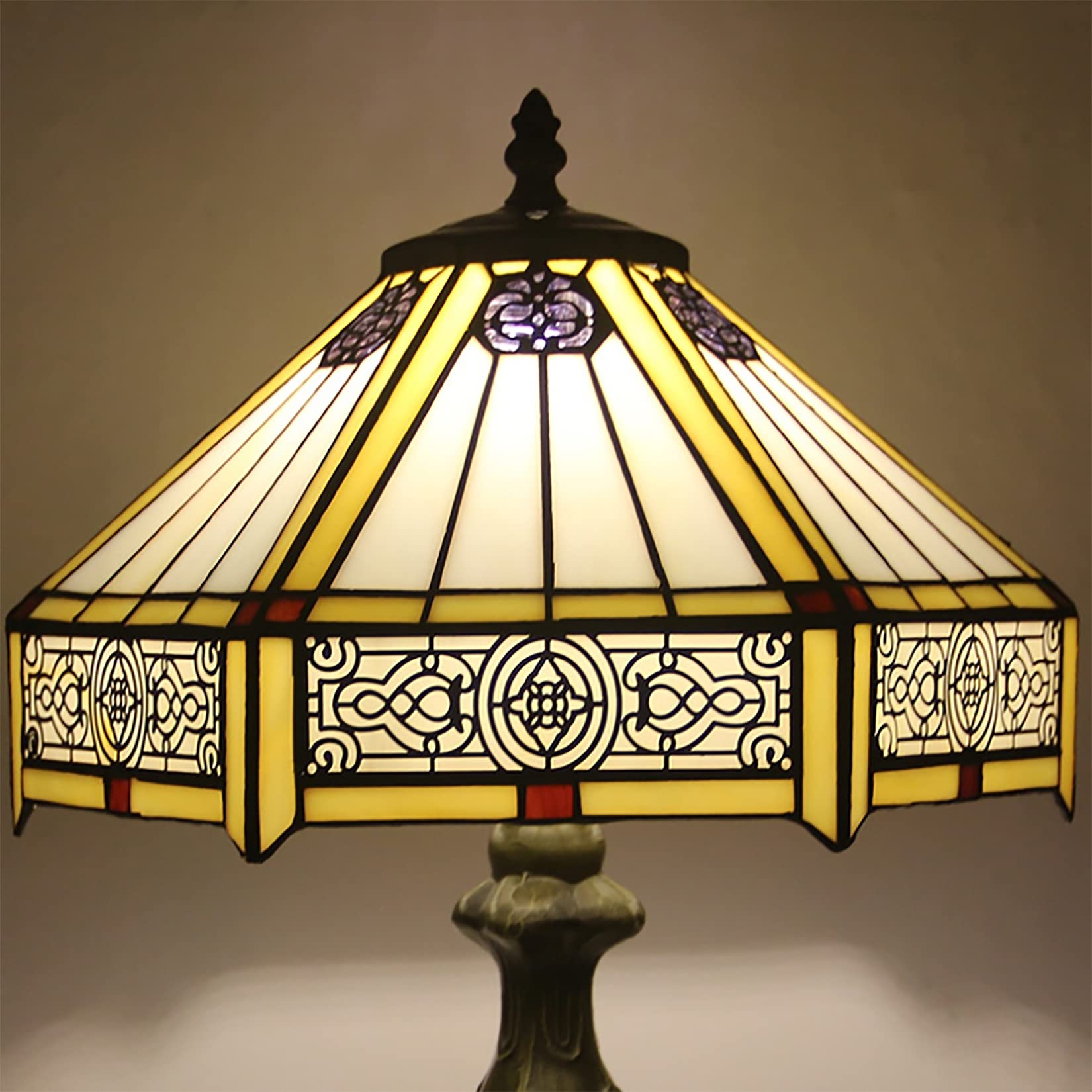 Tiffany Style Table Lamp - Yellow & White Stained Glass Hexagon Mission Lamp with Industrial Farmhouse Metal Base - Perfect for Living Room, Bedside, Office or Study Desk Decor