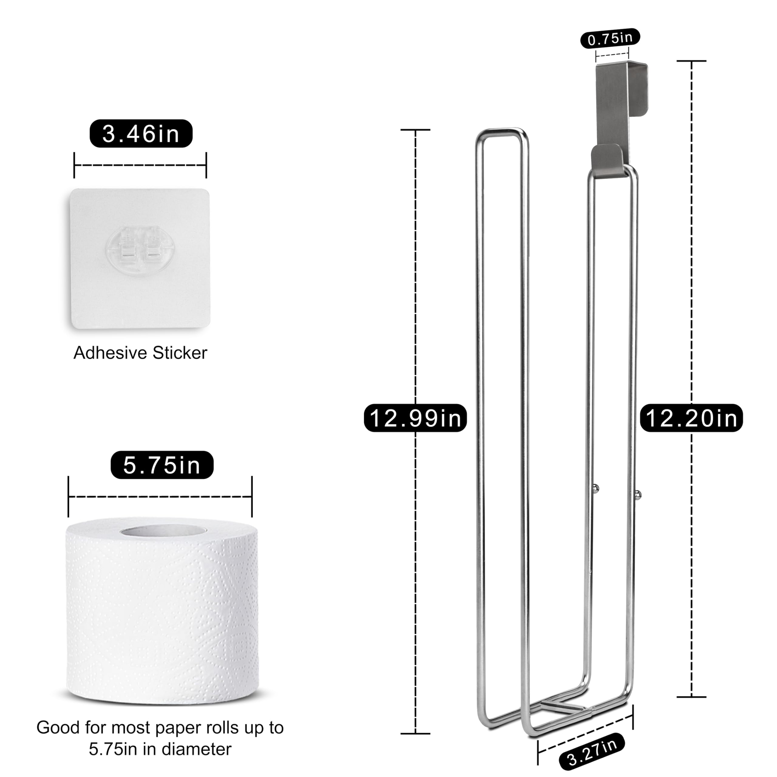 Over The Tank Toilet Paper Holder - 3 Roll Bathroom Tissue Dispenser with Storage Space | Silver Adhesive Mount Toilet Paper Roll Organizer | Perfect for Small Bathrooms, RVs & Apartments