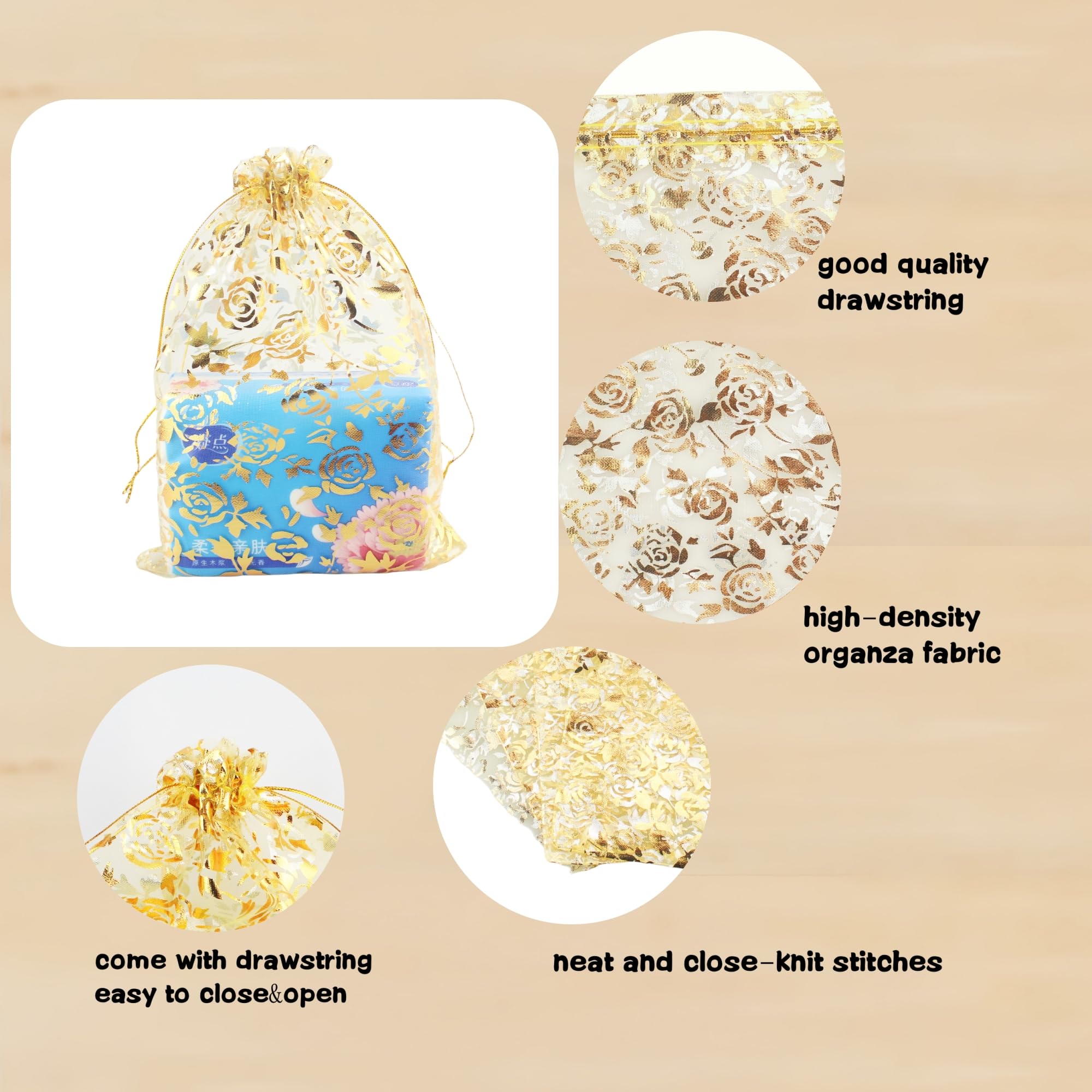 QIANHAILIZZ 100 Pack 7x9 Inch Organza Drawstring Bags - Floral Heart Design for Jewelry, Candy, Wedding Favors & Party Gifts (Gold Flower) | Perfect for Bridal Showers, Baby Showers & Birthday Party Decorations