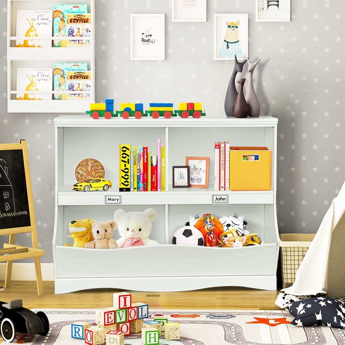 Multifunctional White Toy Storage Organizer with 2 Shelves & 4 Bins - Kids Cubby Cabinet for Nursery, Playroom, Bedroom - Perfect for Organizing Toys, Books, and Kids Supplies