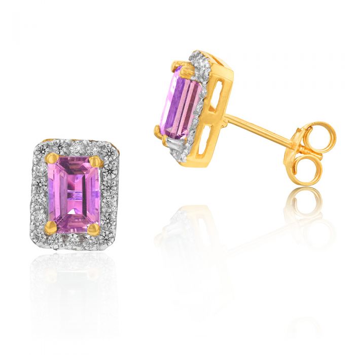 9ct Yellow Gold Amethyst and Zirconia Stud Earrings for Women - Elegant Purple Gemstone Jewelry Gift for Birthday, Anniversary & Special Occasions