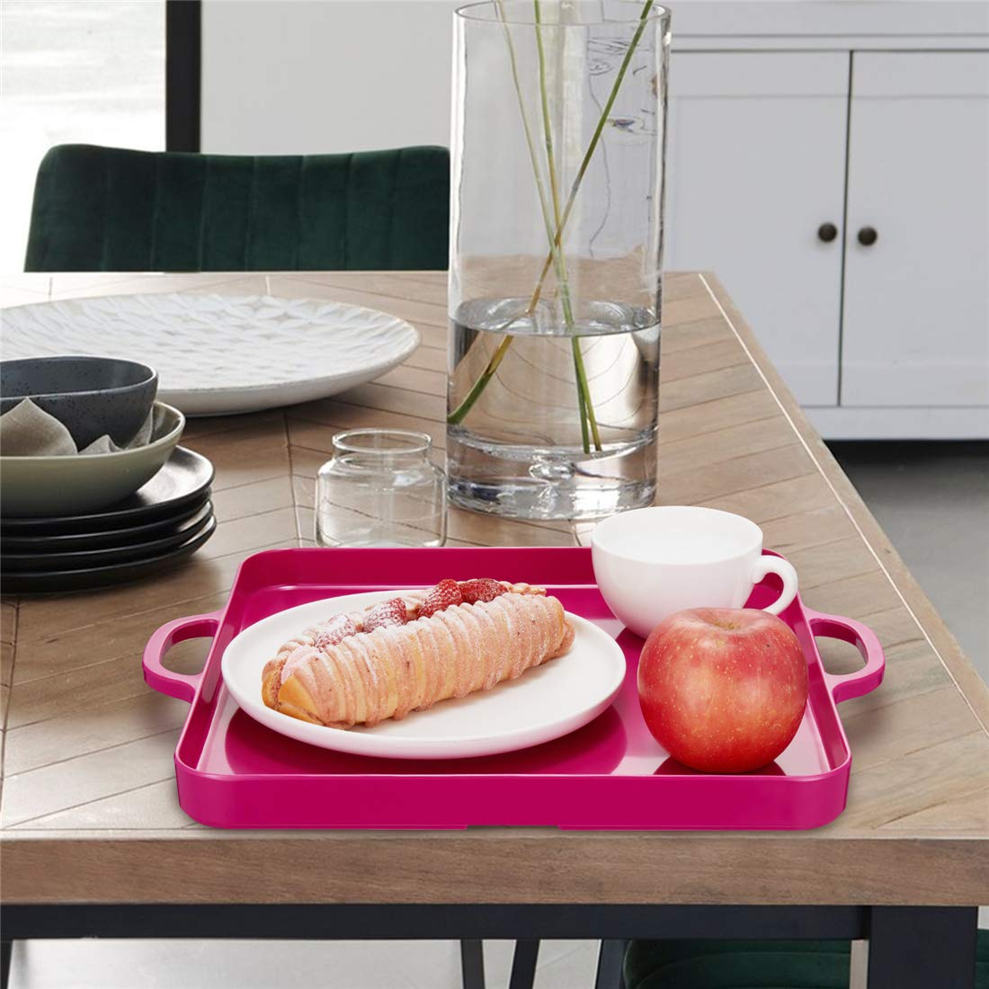 Square Melamine Serving Trays with Handles - Set of 2, 12.5x12.5 Inch Spill-Proof Hot Pink Kitchen Trays for Cafeteria, Cafe, Restaurant - Perfect for Appetizers, Desserts, Snacks, Breakfast, Lunch & Dinner - Durable & Stylish for Home or Commercial Use