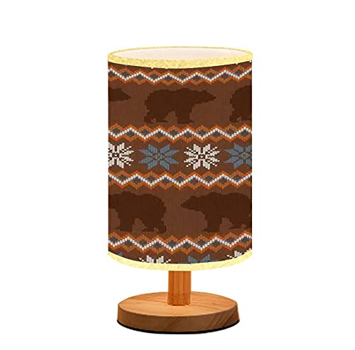 Brown Bear & Snowflakes Knitted Wool Table Lamp - Minimalist Nightstand Light with Wooden Flaxen Fabric Shade for Bedroom, Living Room, Nursery - Cozy Winter Lighting for Breastfeeding, Reading & Relaxation